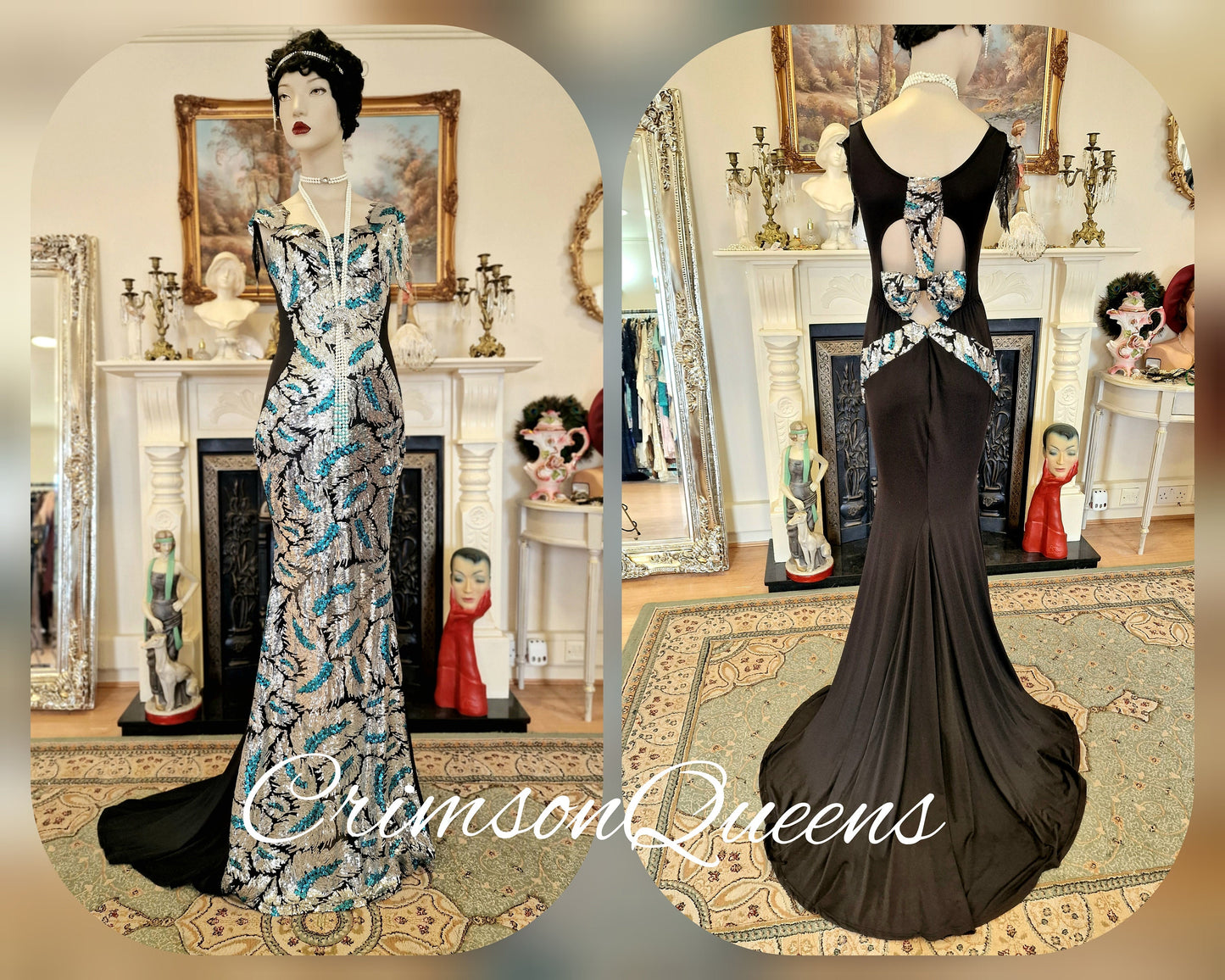 True statement 1930's vintage sequined peacock dress 1920's Great Gatsby stage Hollywood goddess evening gown size UK 12 US 8