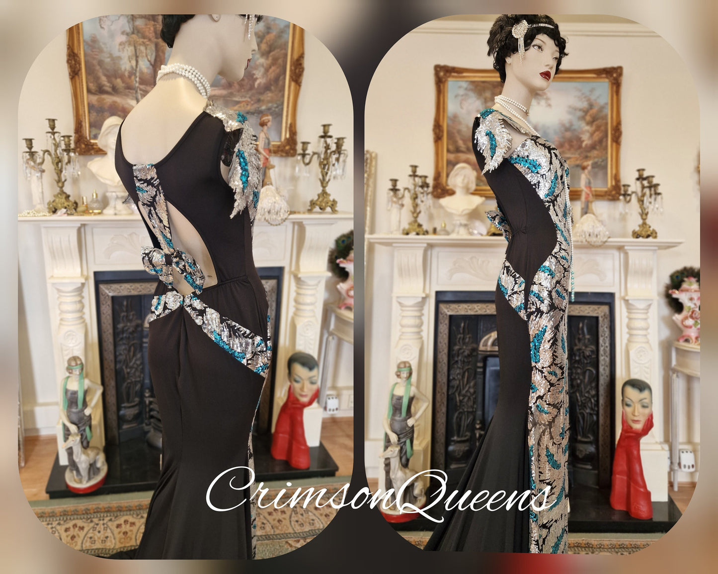 True statement 1930's vintage sequined peacock dress 1920's Great Gatsby stage Hollywood goddess evening gown size UK 12 US 8