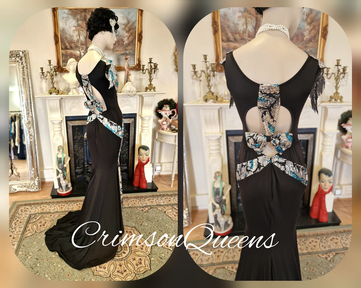 True statement 1930's vintage sequined peacock dress 1920's Great Gatsby stage Hollywood goddess evening gown size UK 12 US 8