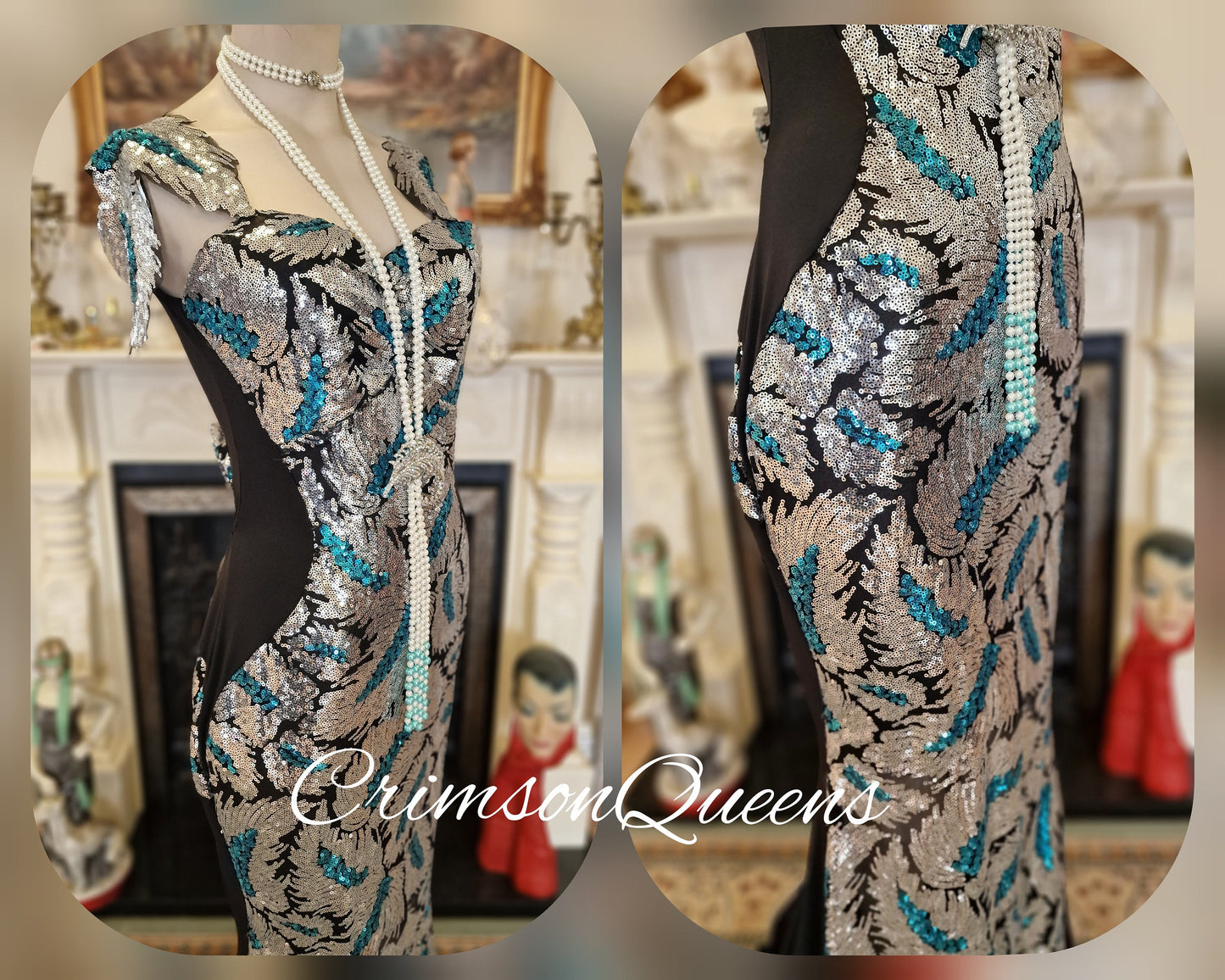 True statement 1930's vintage sequined peacock dress 1920's Great Gatsby stage Hollywood goddess evening gown size UK 12 US 8