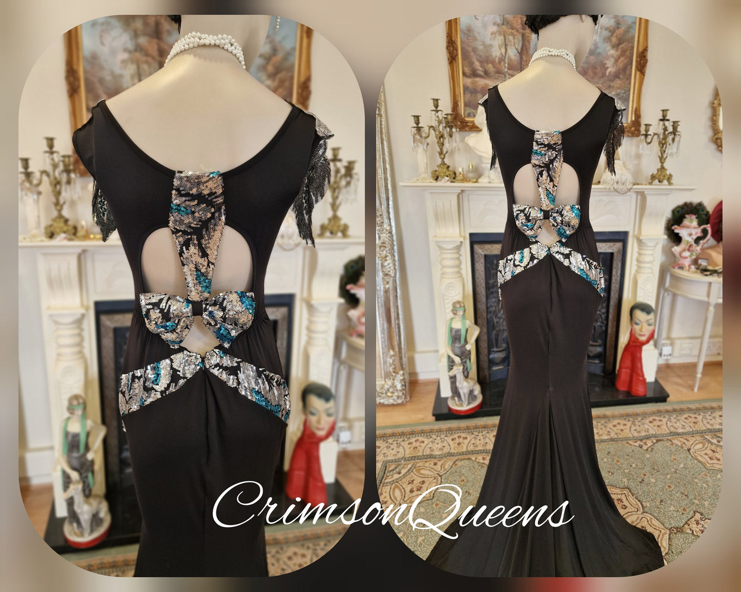 True statement 1930's vintage sequined peacock dress 1920's Great Gatsby stage Hollywood goddess evening gown size UK 12 US 8