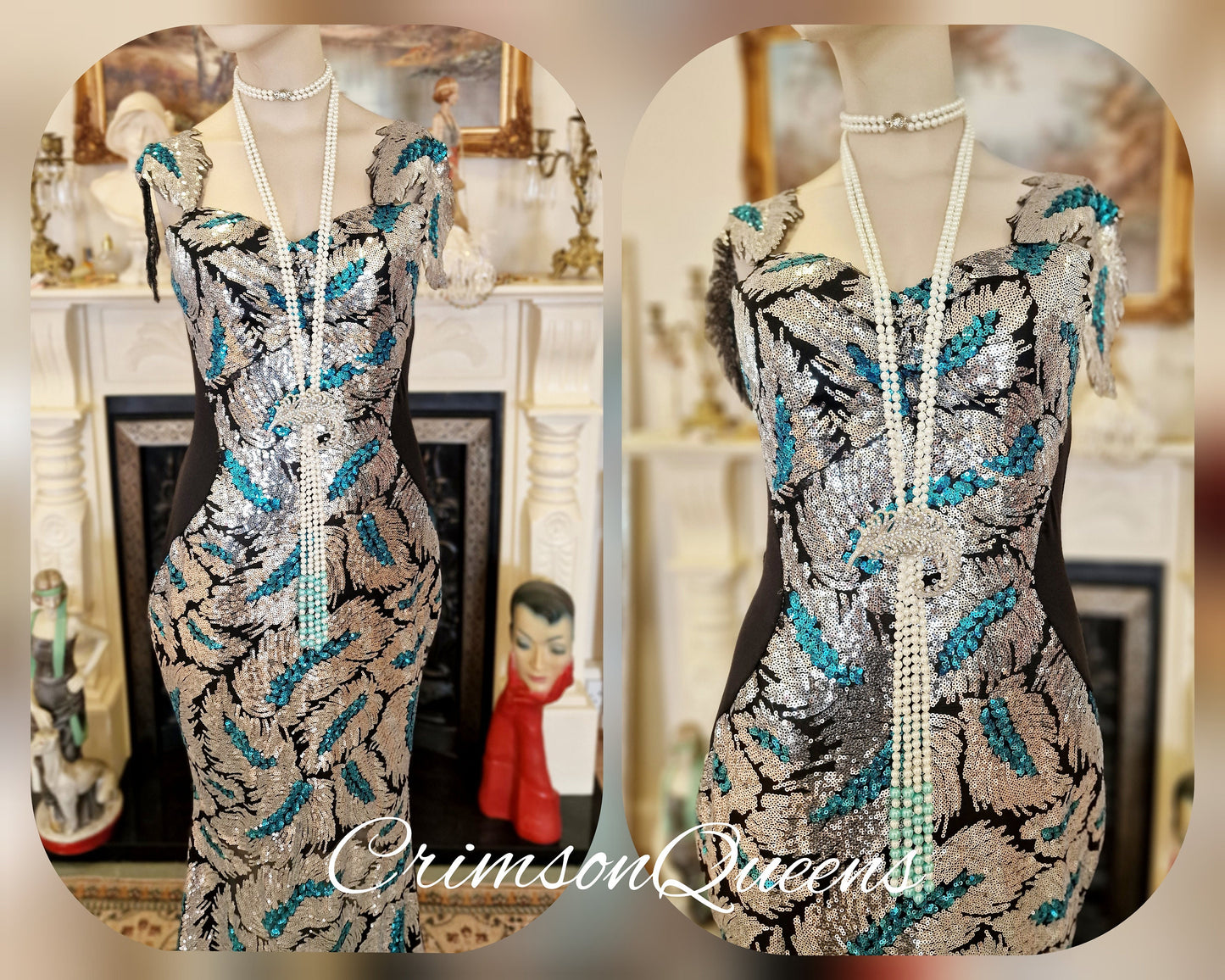 True statement 1930's vintage sequined peacock dress 1920's Great Gatsby stage Hollywood goddess evening gown size UK 12 US 8