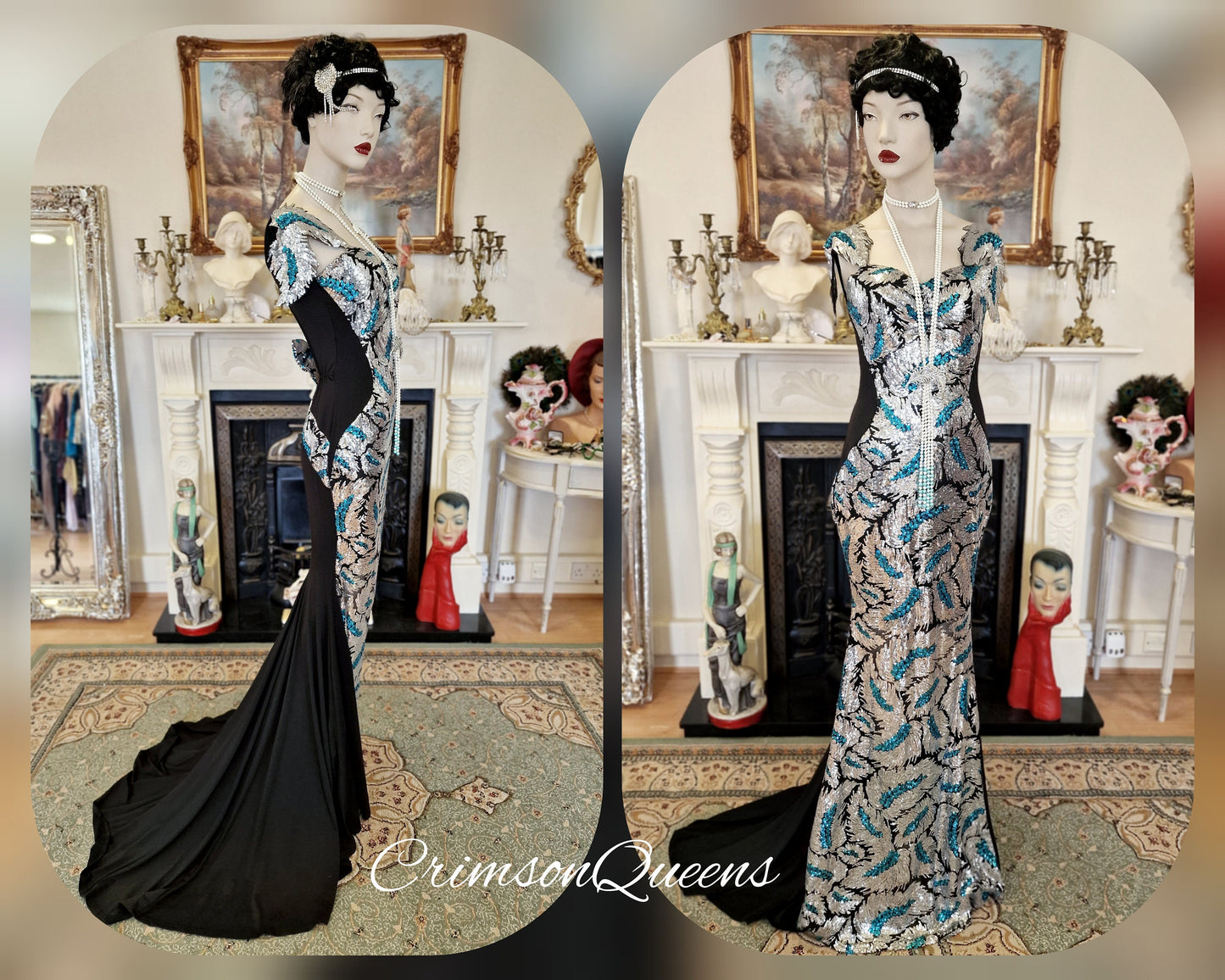 True statement 1930's vintage sequined peacock dress 1920's Great Gatsby stage Hollywood goddess evening gown size UK 12 US 8