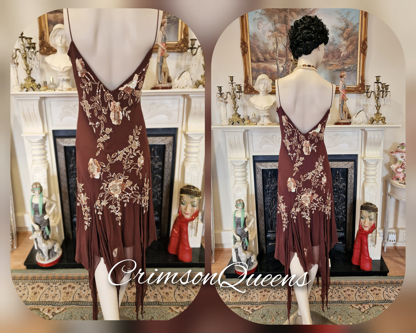 Magnificient vintage Downton Abbey all silk gold with beaded embellishments chocolate brown etherel dress UK 10 US 6
