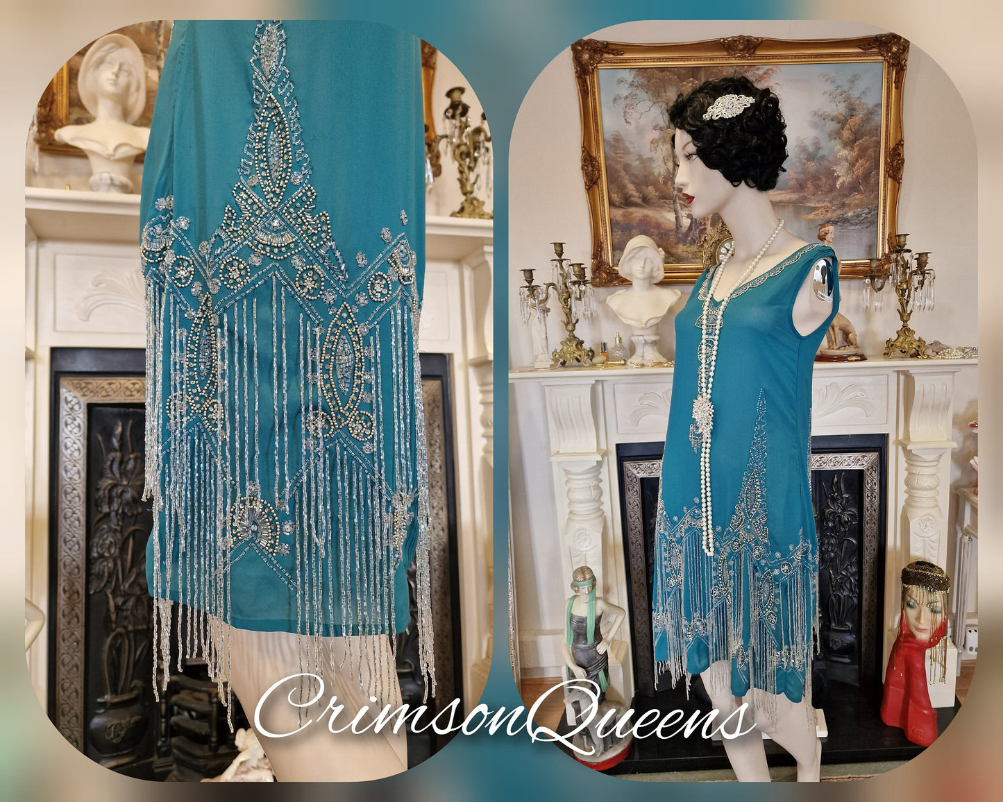 Vintage Great Gatsby teal beaded proper flapper style dress 1920s beaded embellished dress UK 10 US 6
