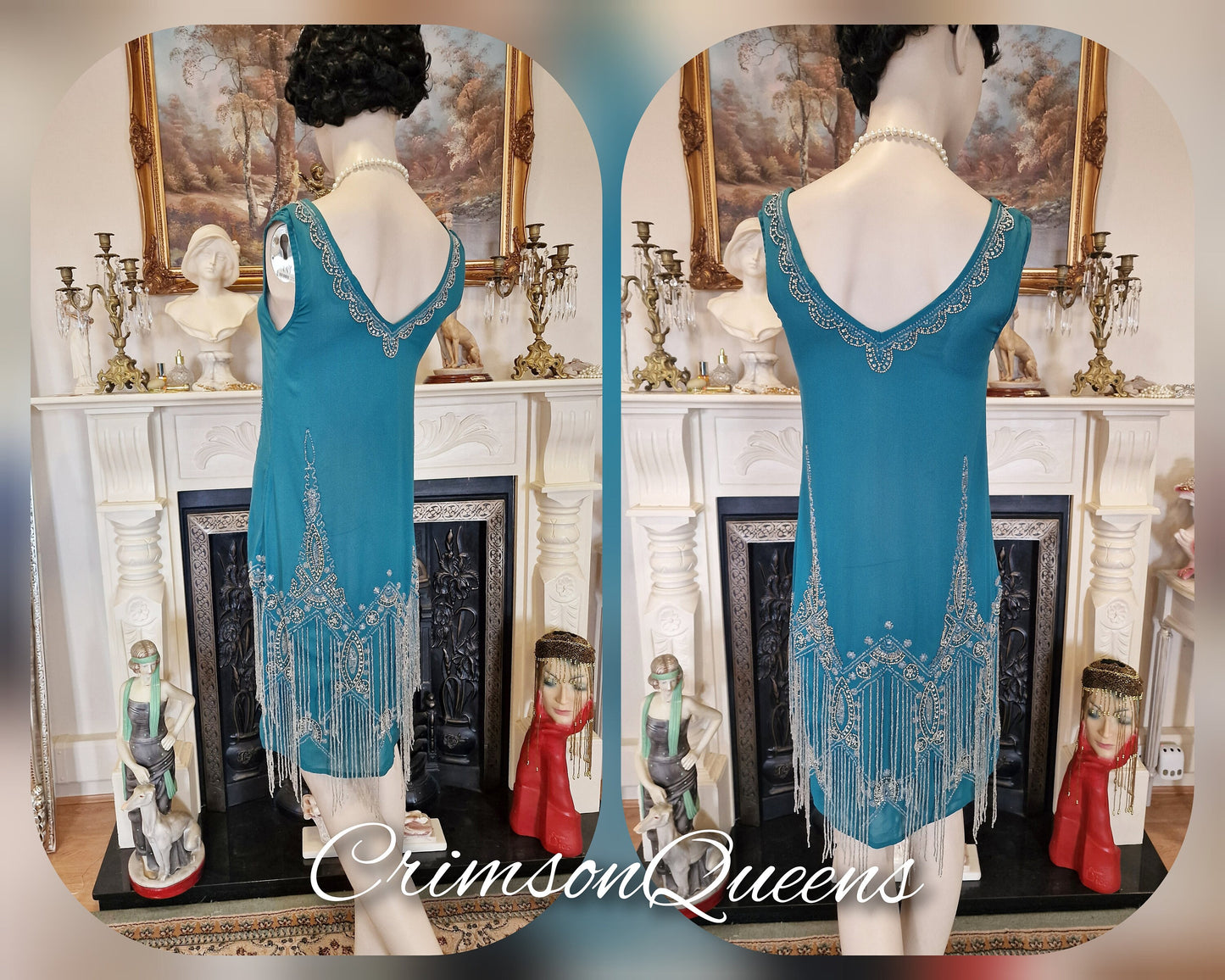 Vintage Great Gatsby teal beaded proper flapper style dress 1920s beaded embellished dress UK 10 US 6