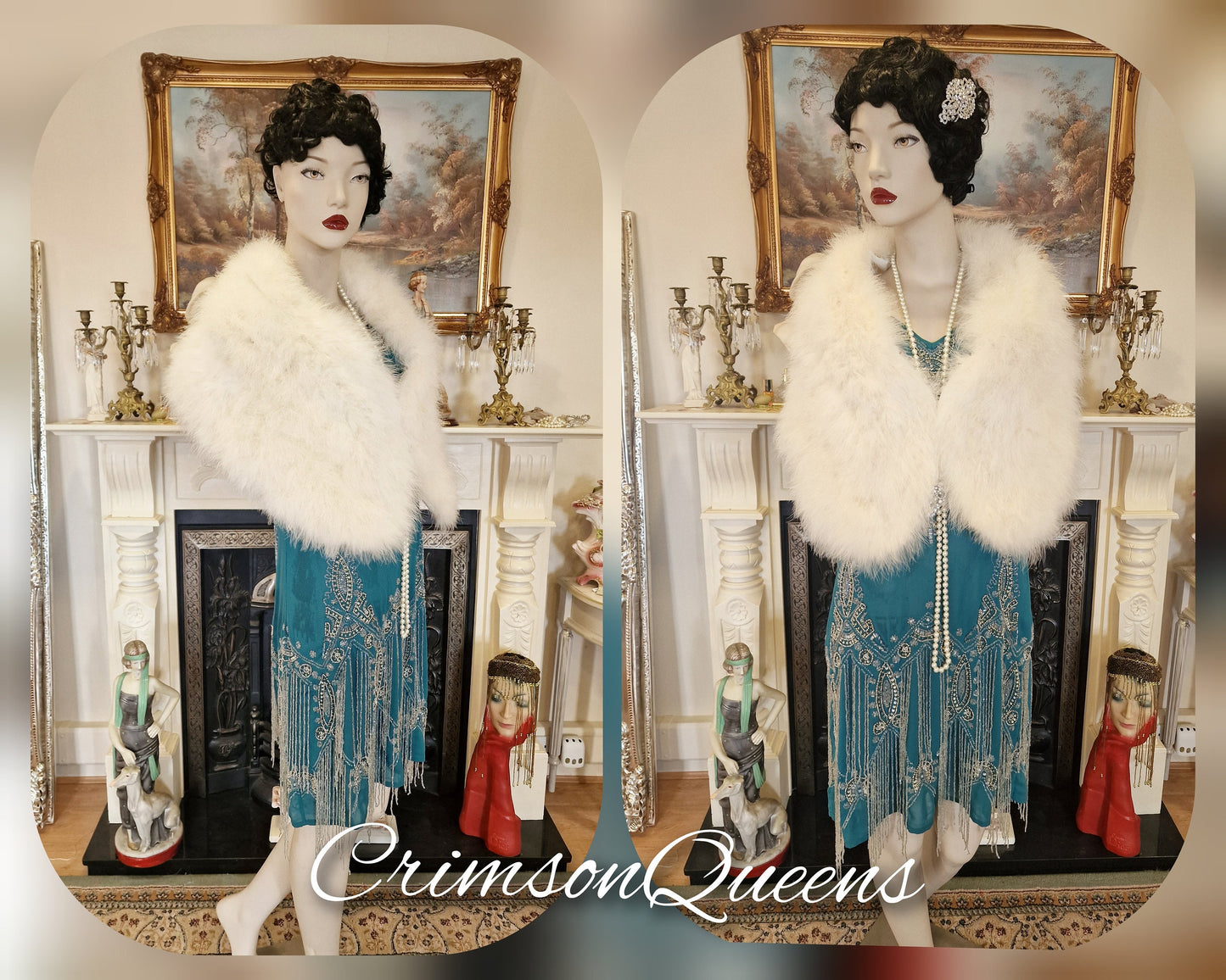 Vintage Great Gatsby teal beaded proper flapper style dress 1920s beaded embellished dress UK 10 US 6