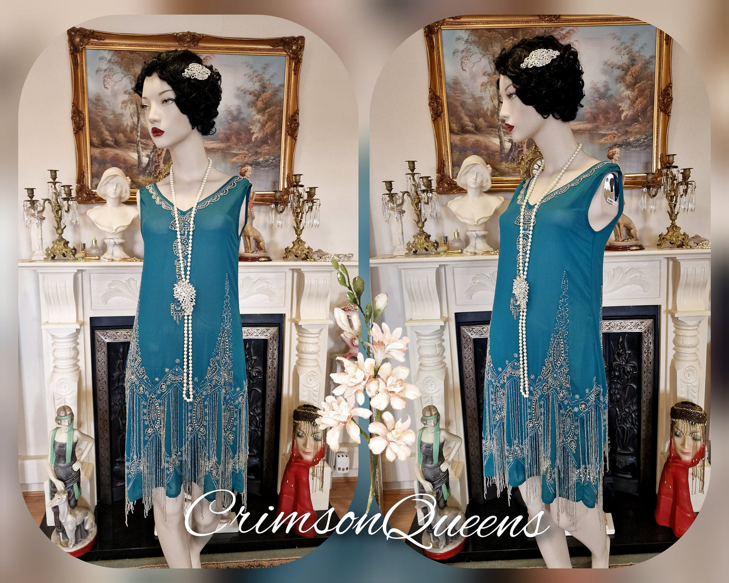 Vintage Great Gatsby teal beaded proper flapper style dress 1920s beaded embellished dress UK 10 US 6