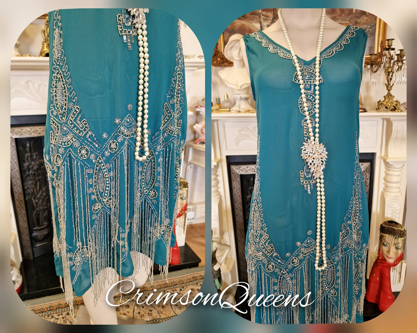 Vintage Great Gatsby teal beaded proper flapper style dress 1920s beaded embellished dress UK 10 US 6