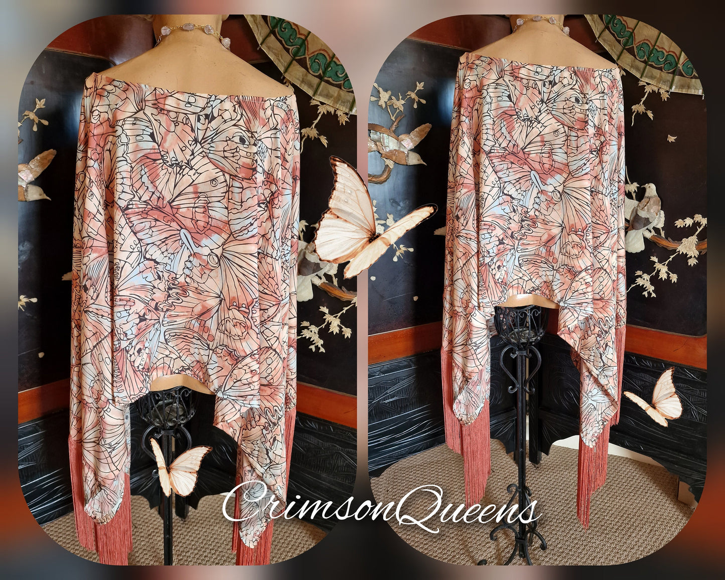 Vintage dusty pink Art Deco bohemian gypsy magnificient fringed kimono blouse 1920's fapper size UK 12 14 US 8 10