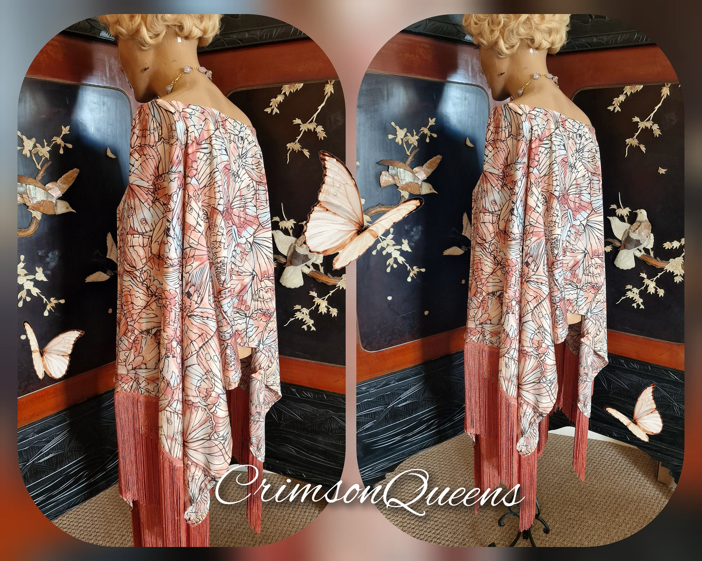 Vintage dusty pink Art Deco bohemian gypsy magnificient fringed kimono blouse 1920's fapper size UK 12 14 US 8 10