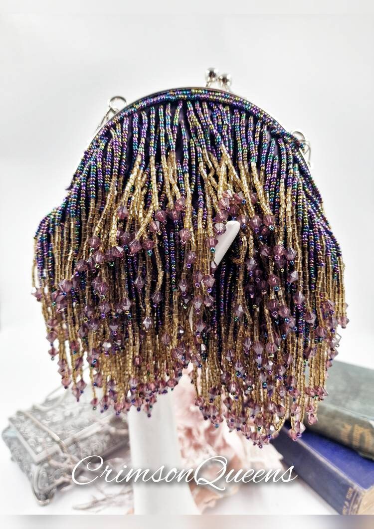 Flapper evening bag 1920s tasseled bag flapper beaded bag vintage beaded bag purple violet beaded sequinned bag Art Deco evening bag purse