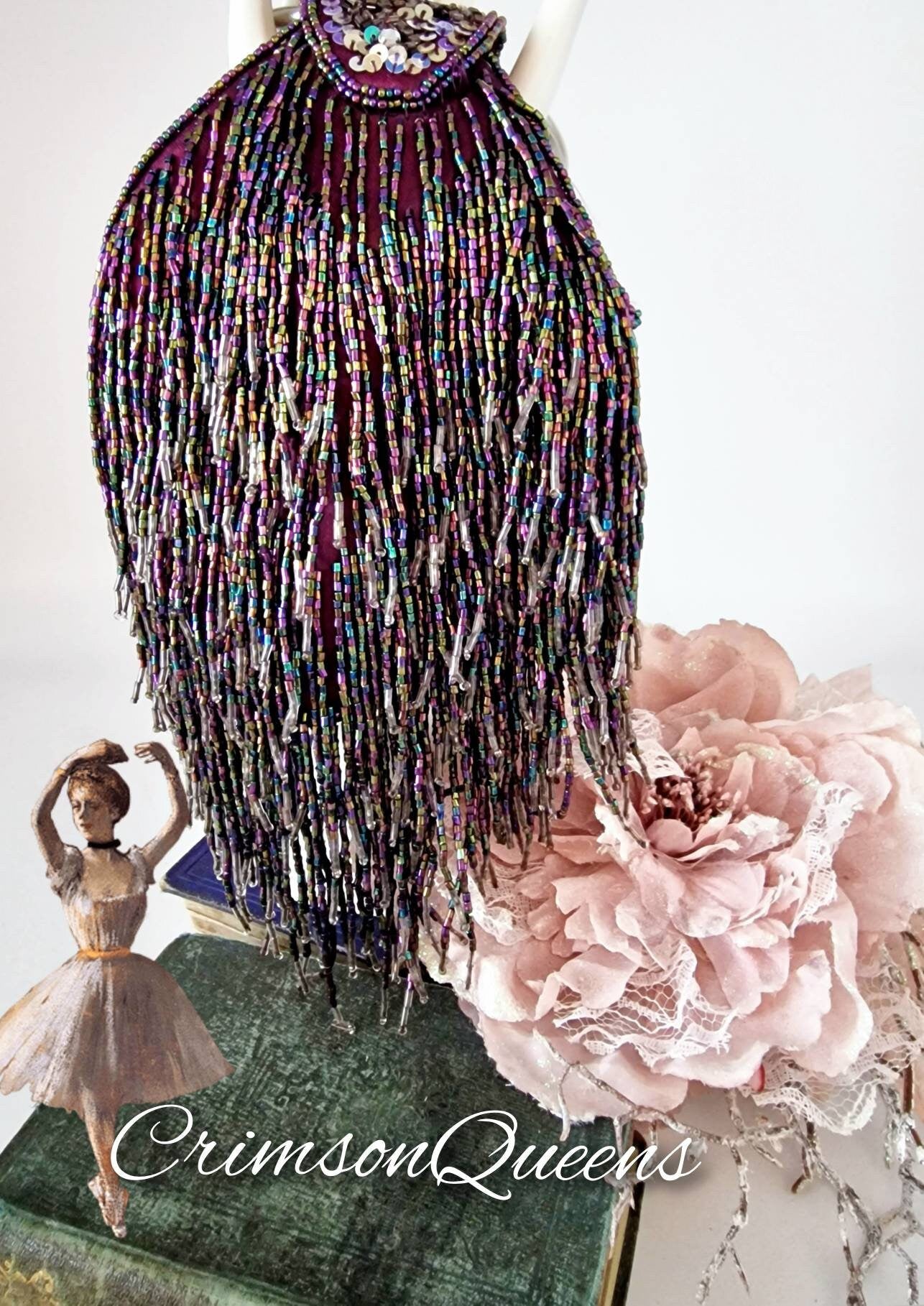 Flapper evening bag 1920s tasseled bag flapper beaded bag vintage beaded bag purple violet beaded sequinned bag Art Deco evening bag purse