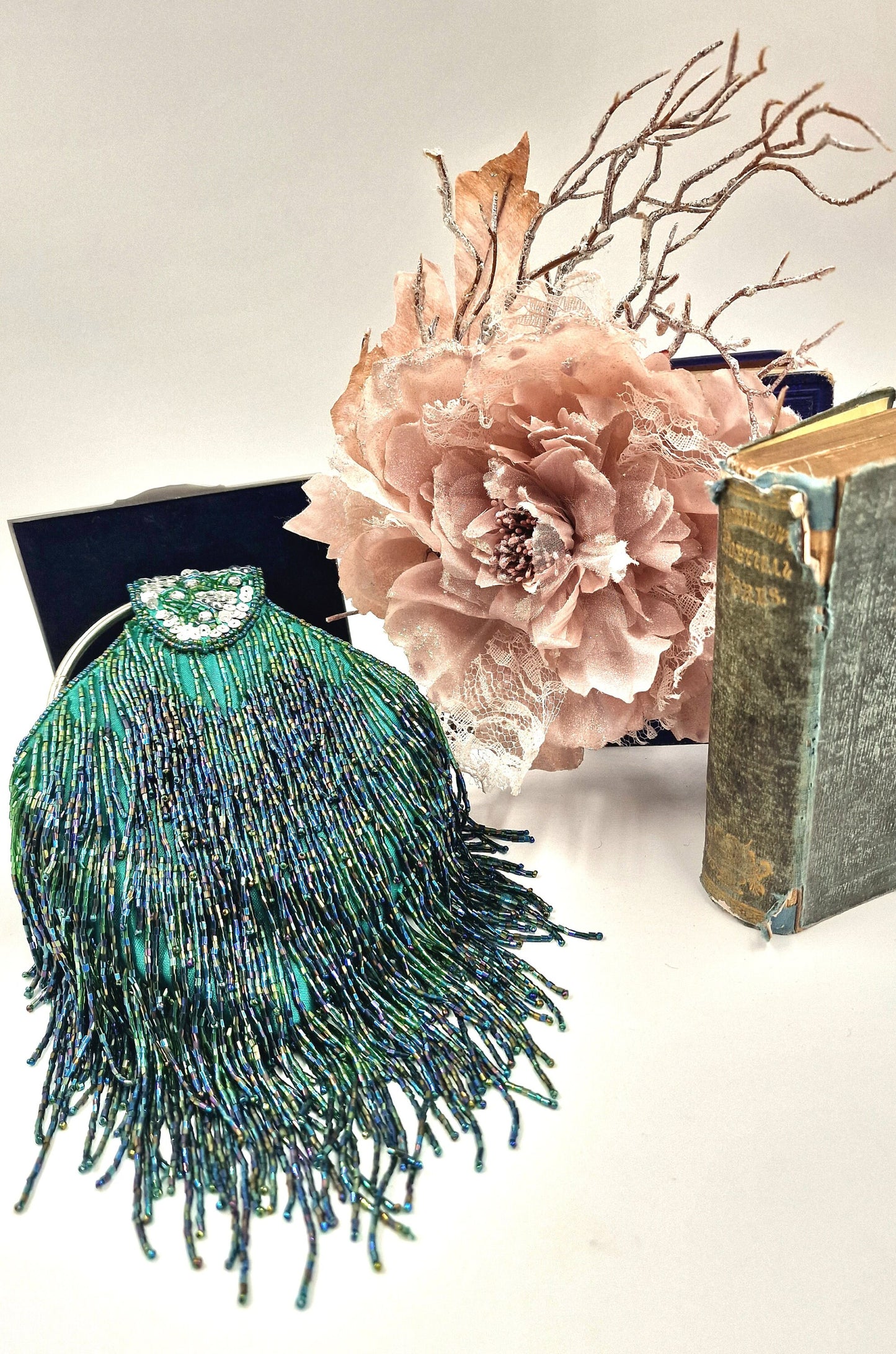 Flapper evening bag 1920s tasseled bag flapperbag vintage beaded bag peacock emerald green beaded tassel bag Art Deco evening bag purse