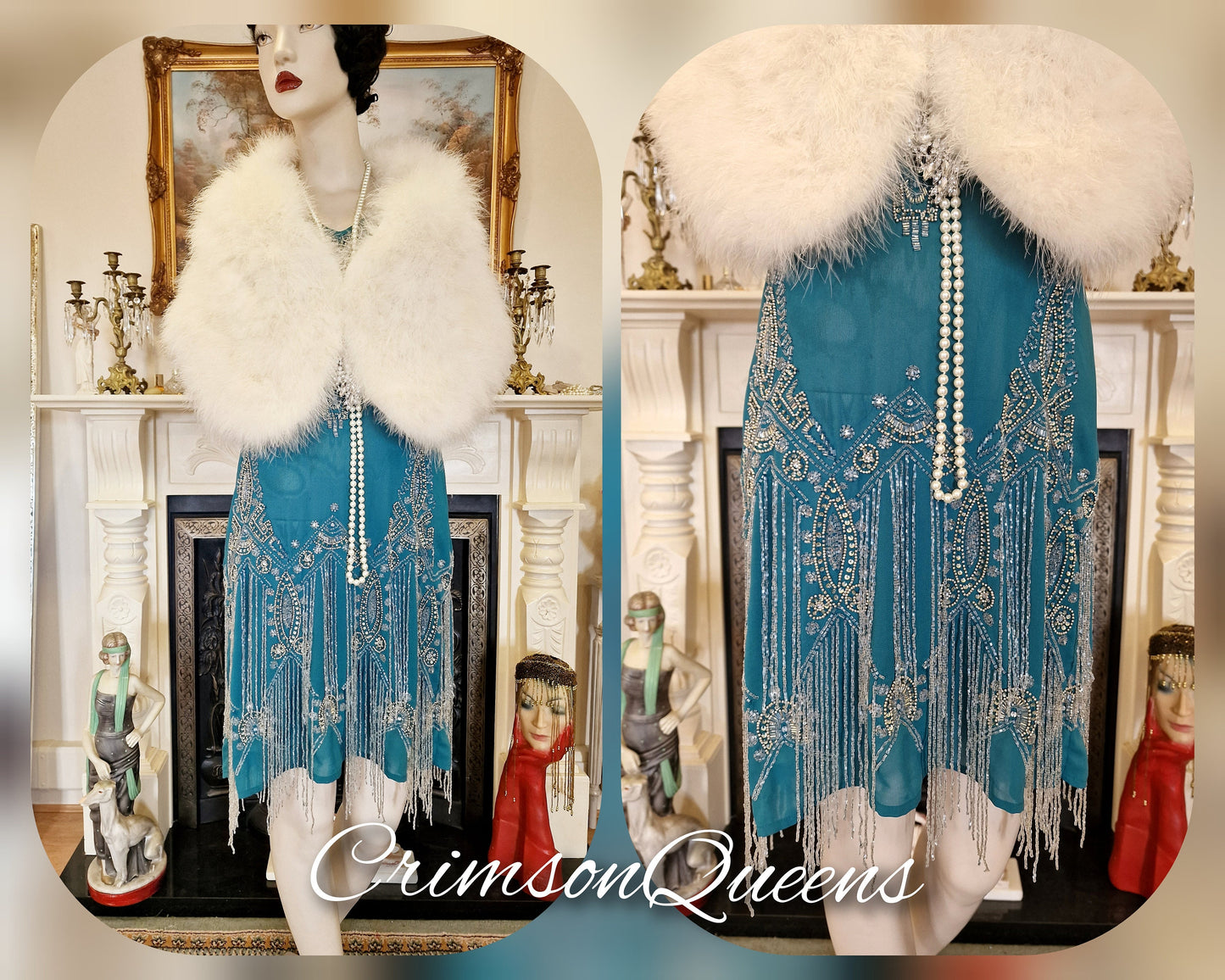 Vintage Great Gatsby teal beaded proper flapper style dress 1920s beaded embellished dress UK 10 US 6