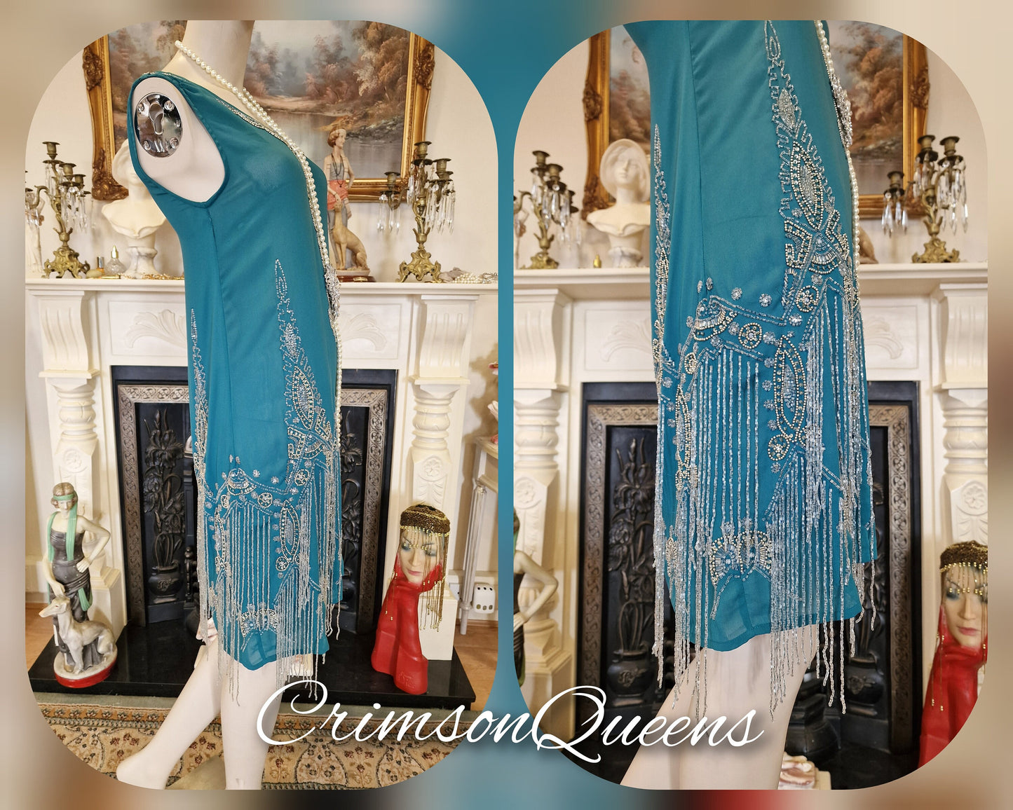 Vintage Great Gatsby teal beaded proper flapper style dress 1920s beaded embellished dress UK 10 US 6