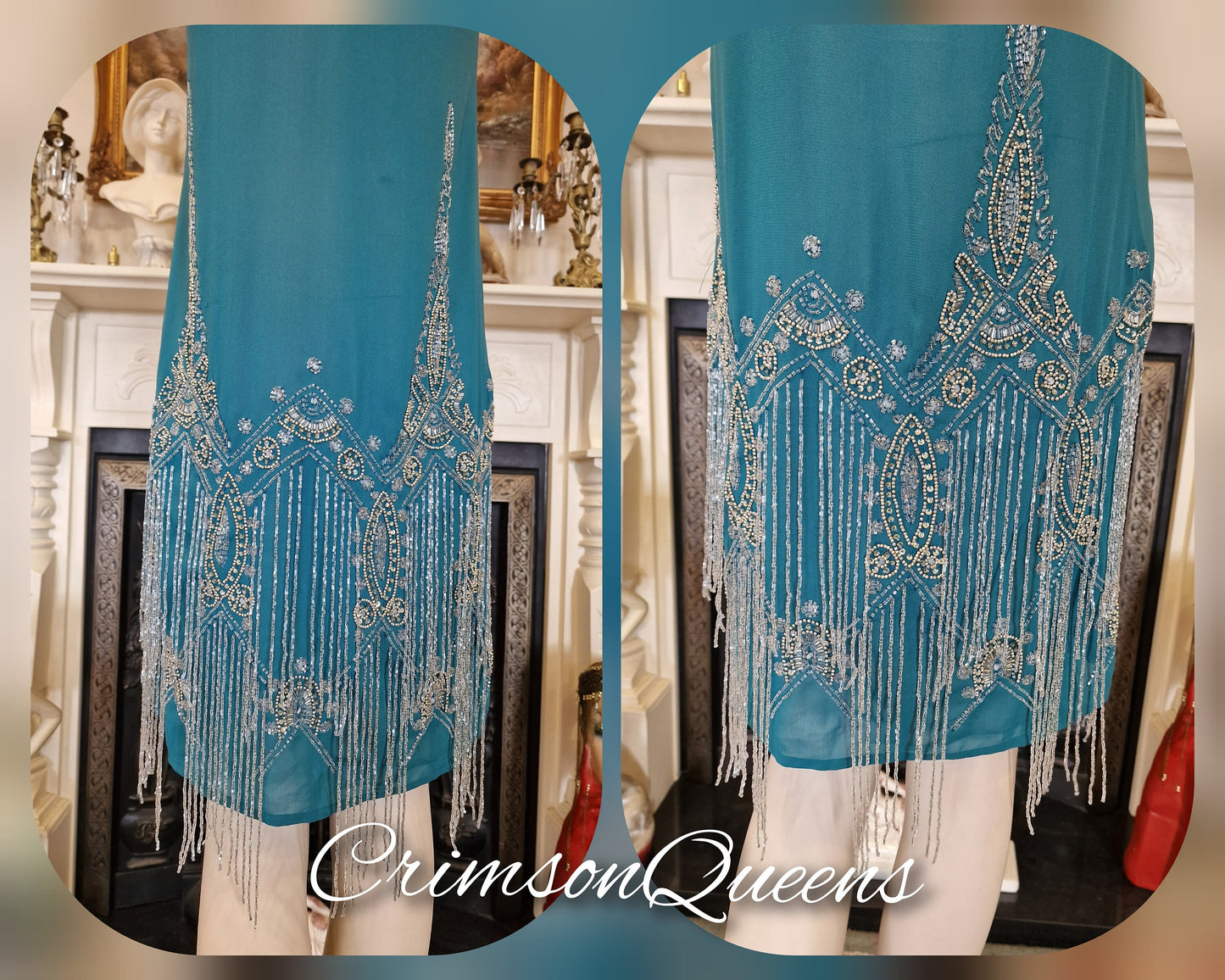 Vintage Great Gatsby teal beaded proper flapper style dress 1920s beaded embellished dress UK 10 US 6