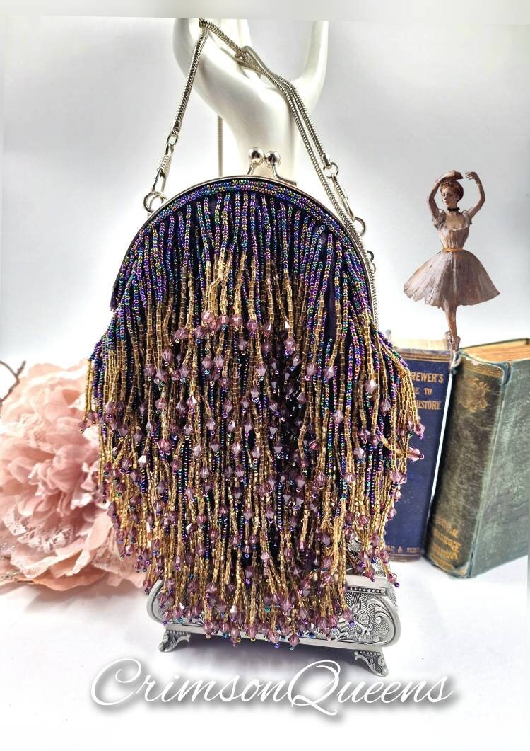 Flapper evening bag 1920s tasseled bag flapper beaded bag vintage beaded bag purple violet beaded sequinned bag Art Deco evening bag purse