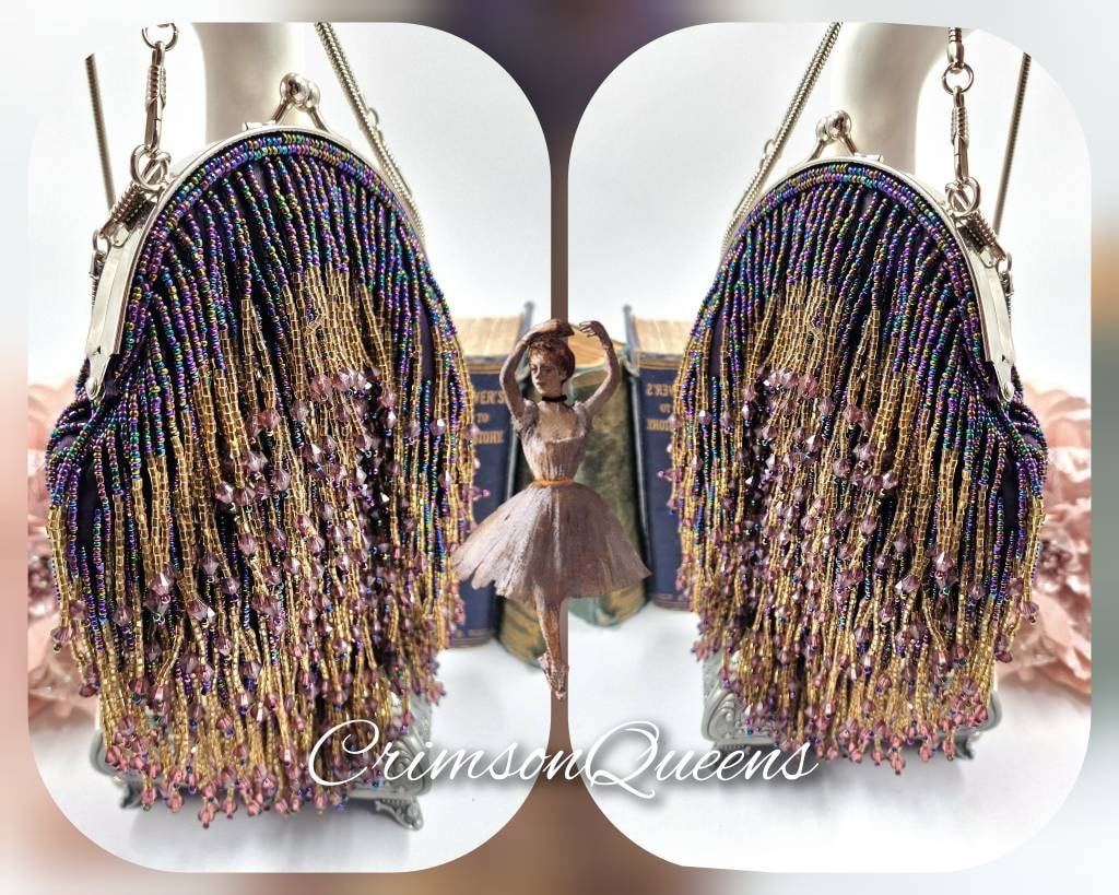 Flapper evening bag 1920s tasseled bag flapper beaded bag vintage beaded bag purple violet beaded sequinned bag Art Deco evening bag purse