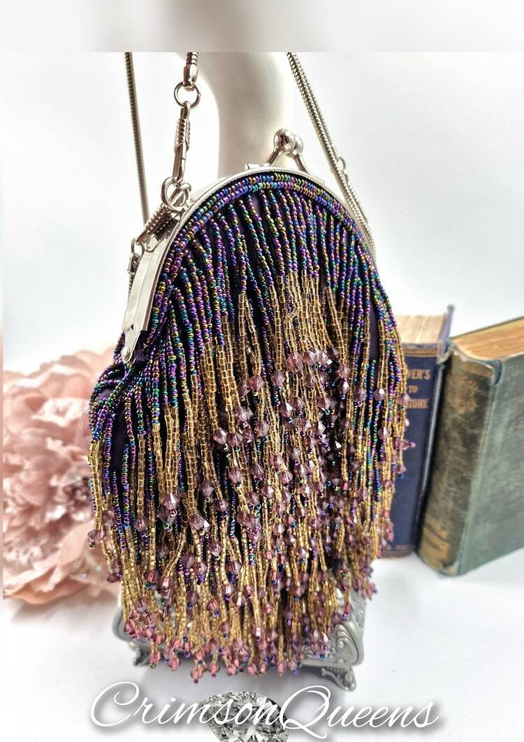 Flapper evening bag 1920s tasseled bag flapper beaded bag vintage beaded bag purple violet beaded sequinned bag Art Deco evening bag purse