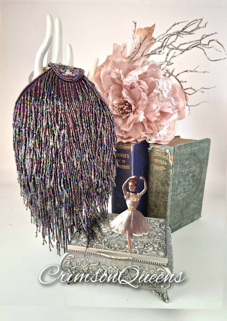 Flapper evening bag 1920s tasseled bag flapper beaded bag vintage beaded bag purple violet beaded sequinned bag Art Deco evening bag purse