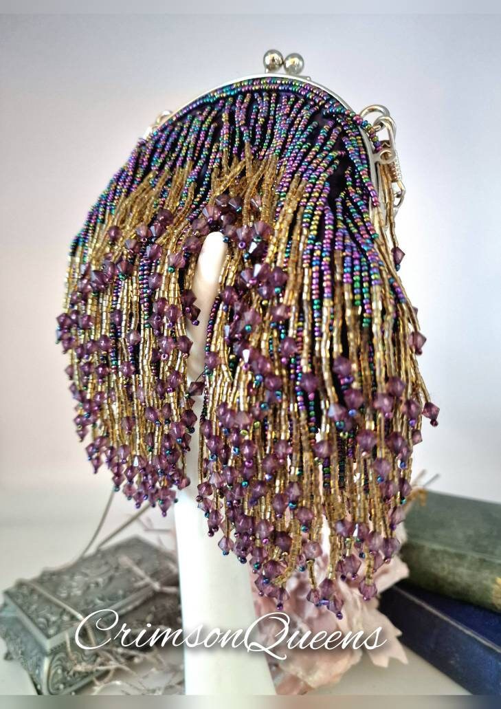 Flapper evening bag 1920s tasseled bag flapper beaded bag vintage beaded bag purple violet beaded sequinned bag Art Deco evening bag purse
