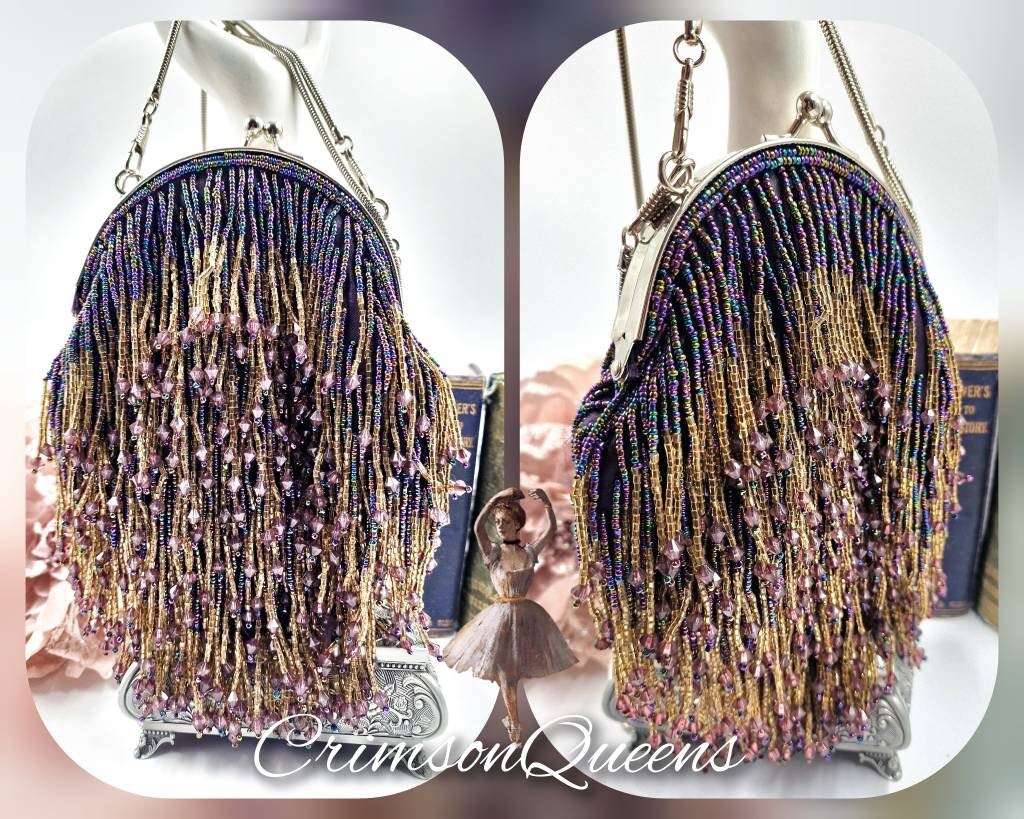 Flapper evening bag 1920s tasseled bag flapper beaded bag vintage beaded bag purple violet beaded sequinned bag Art Deco evening bag purse