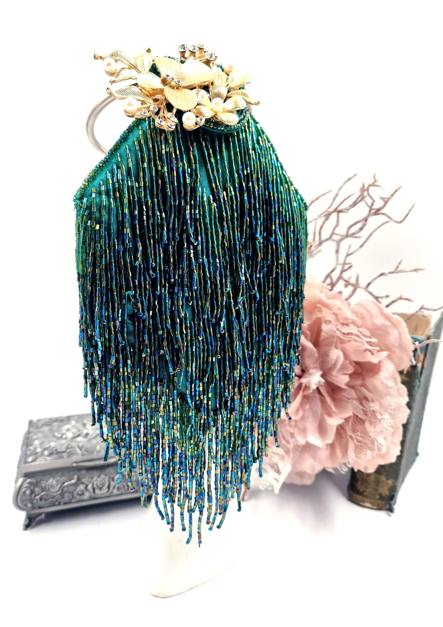 Flapper evening bag 1920s tasseled bag flapperbag vintage beaded bag peacock emerald green beaded tassel bag Art Deco evening bag purse
