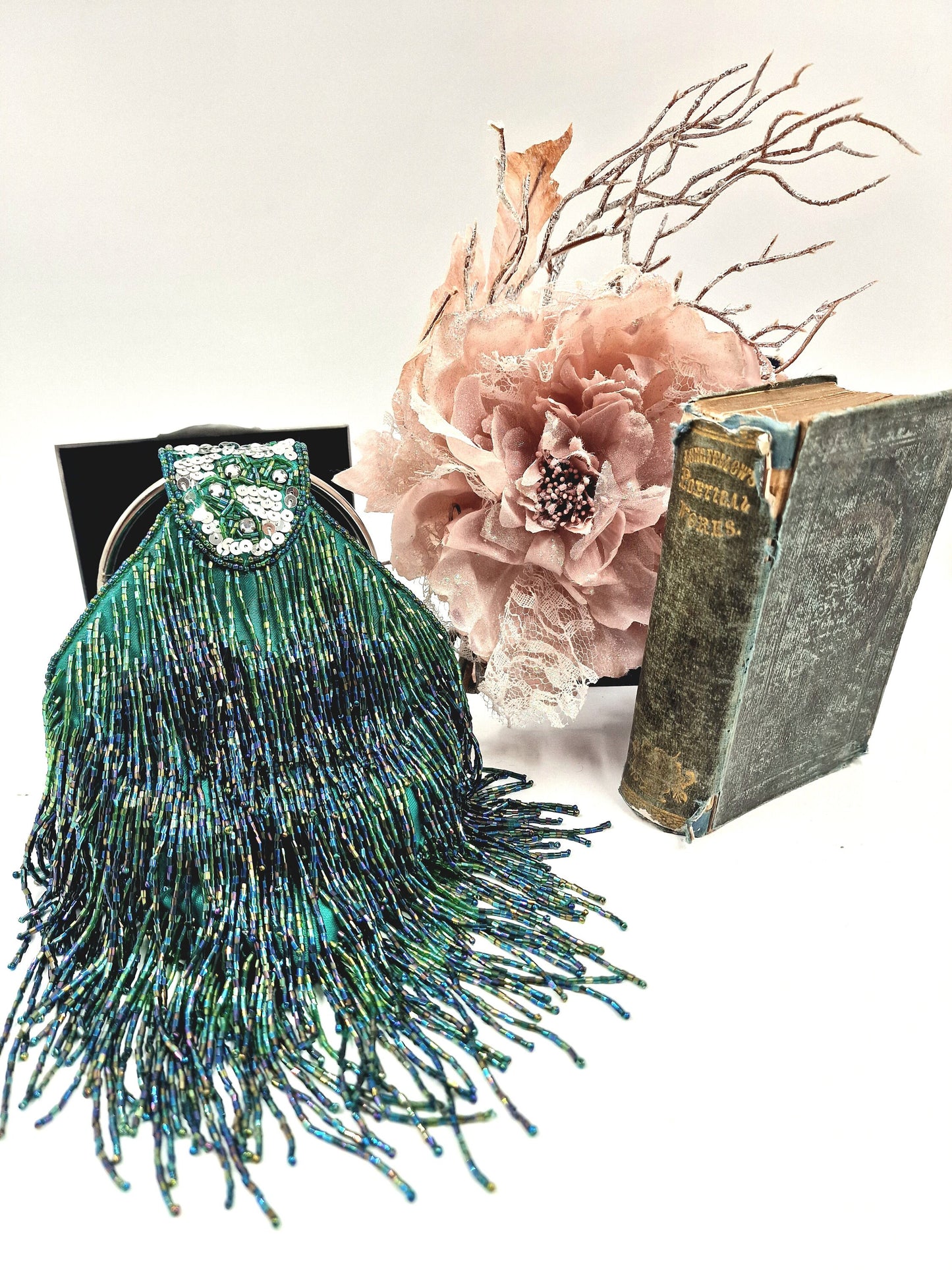 Flapper evening bag 1920s tasseled bag flapperbag vintage beaded bag peacock emerald green beaded tassel bag Art Deco evening bag purse