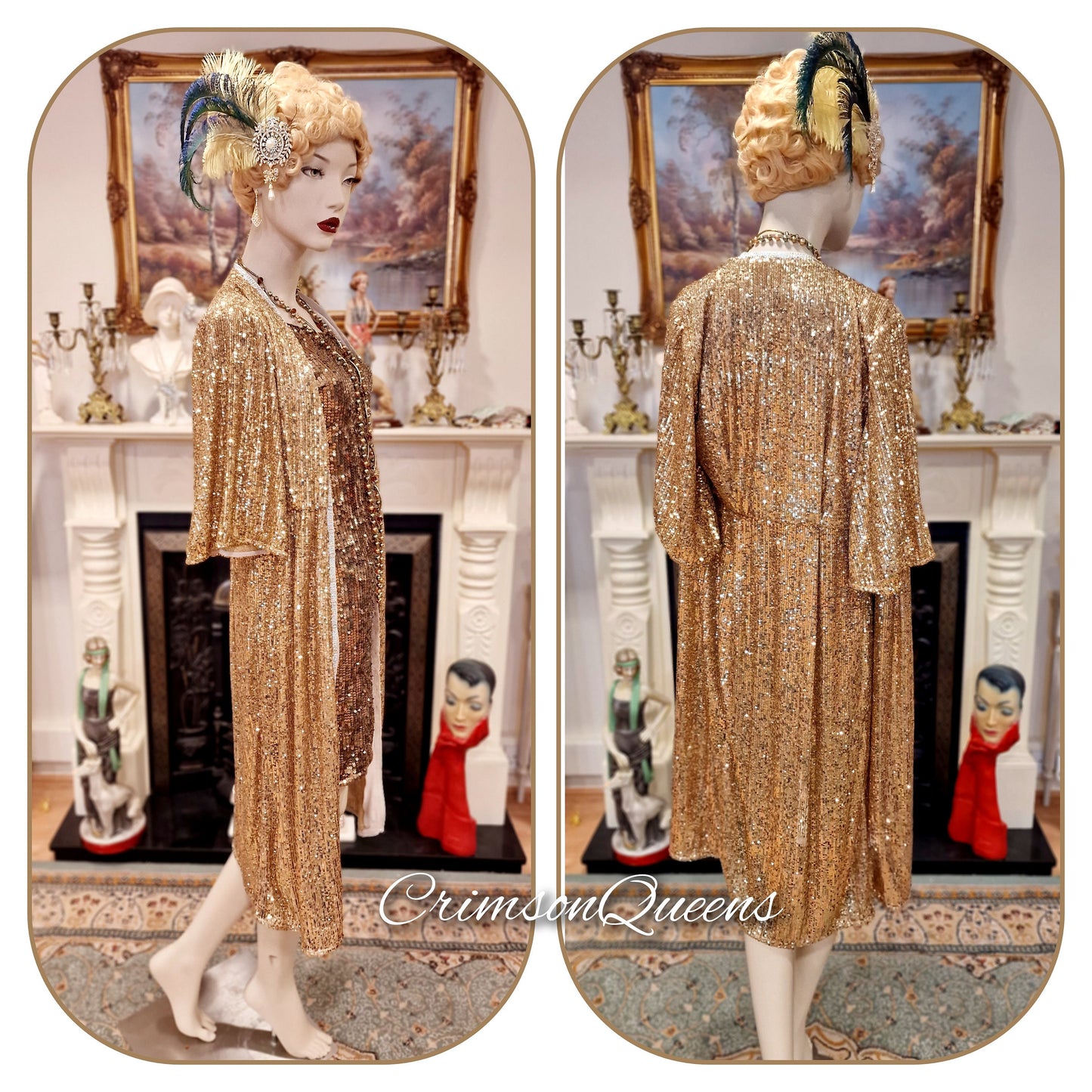 1920s vintage Downton Abbey flapper sequinned mesh gold sparkly bohemian coat kimono duster dress size S UK 8 US 2 4