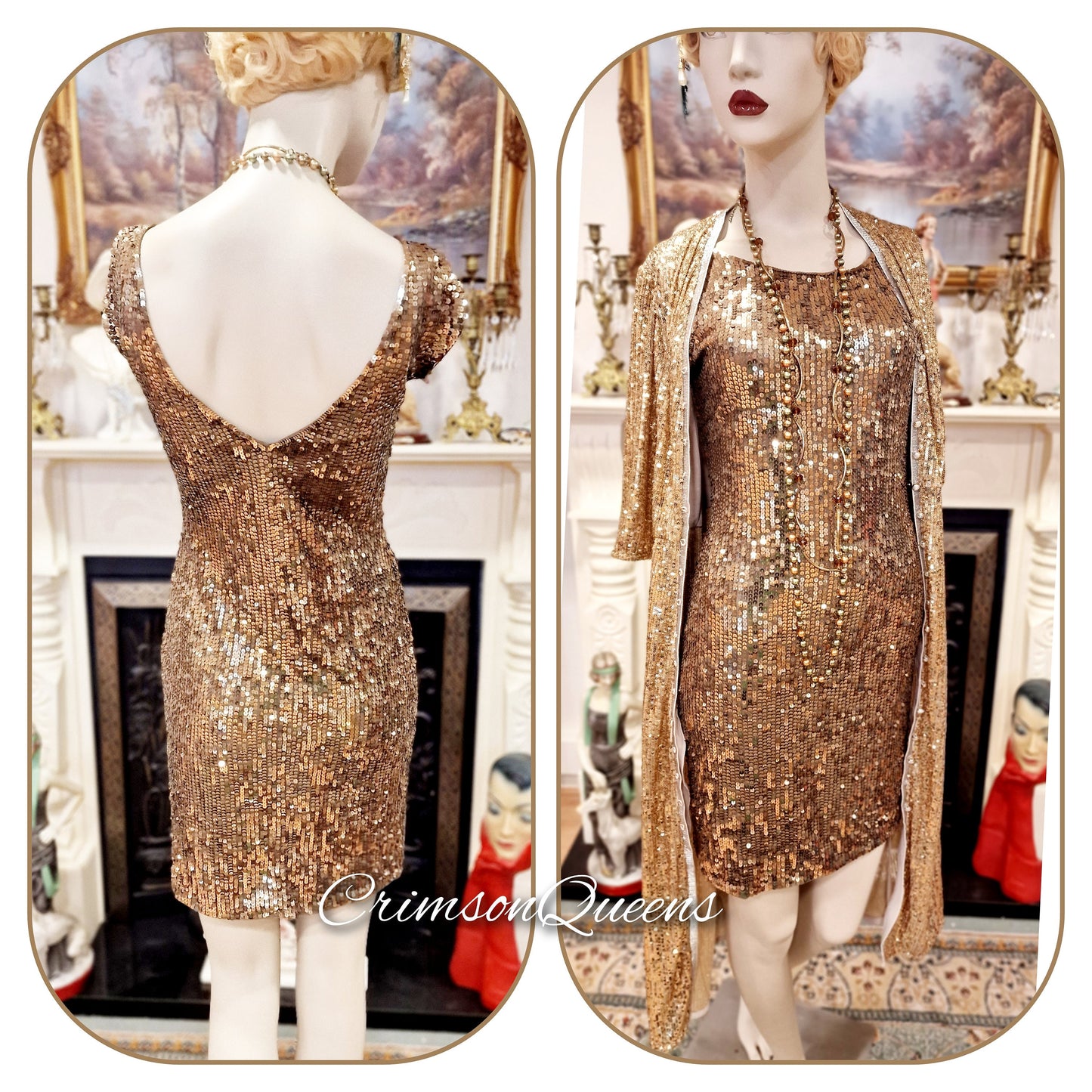 1920s vintage Downton Abbey flapper sequinned mesh gold sparkly bohemian coat kimono duster dress size S UK 8 US 2 4