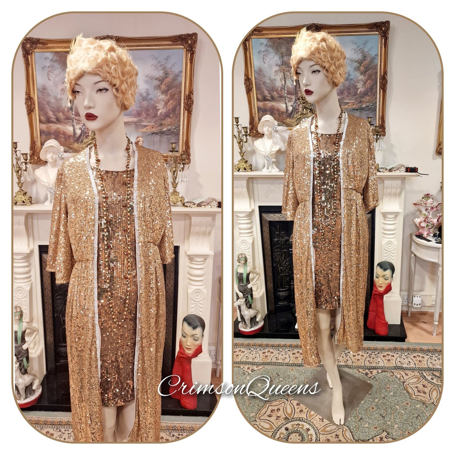 1920s vintage Downton Abbey flapper sequinned mesh gold sparkly bohemian coat kimono duster dress size S UK 8 US 2 4