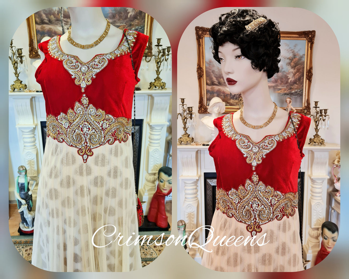 Bohemian romantic gypsy medieval  vintage scarlet red embellished beaded evening ballgown floor dress with matching long coat size UK 8 US 4