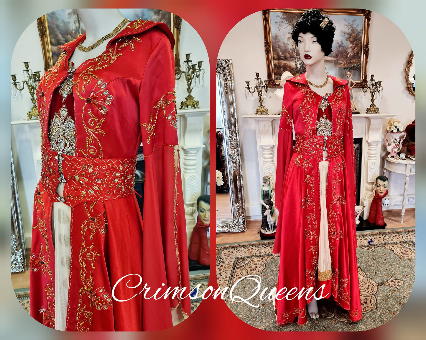 Bohemian romantic gypsy medieval  vintage scarlet red embellished beaded evening ballgown floor dress with matching long coat size UK 8 US 4