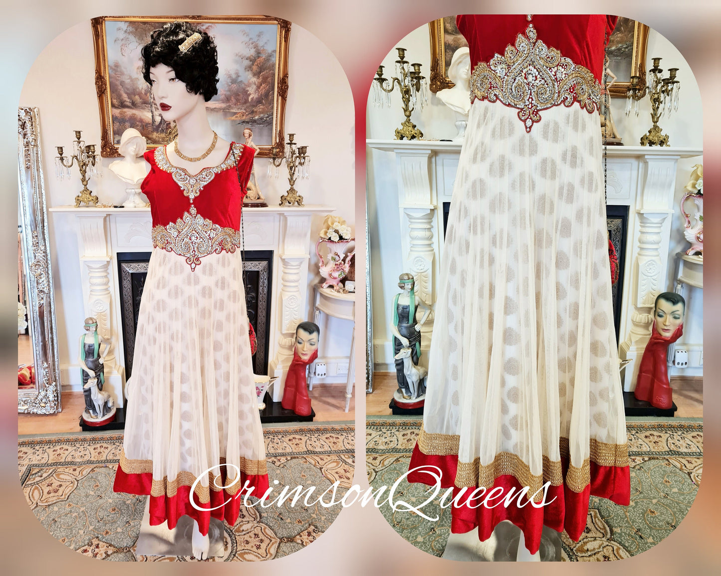 Bohemian romantic gypsy medieval  vintage scarlet red embellished beaded evening ballgown floor dress with matching long coat size UK 8 US 4