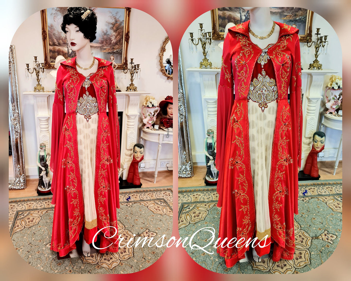 Bohemian romantic gypsy medieval  vintage scarlet red embellished beaded evening ballgown floor dress with matching long coat size UK 8 US 4