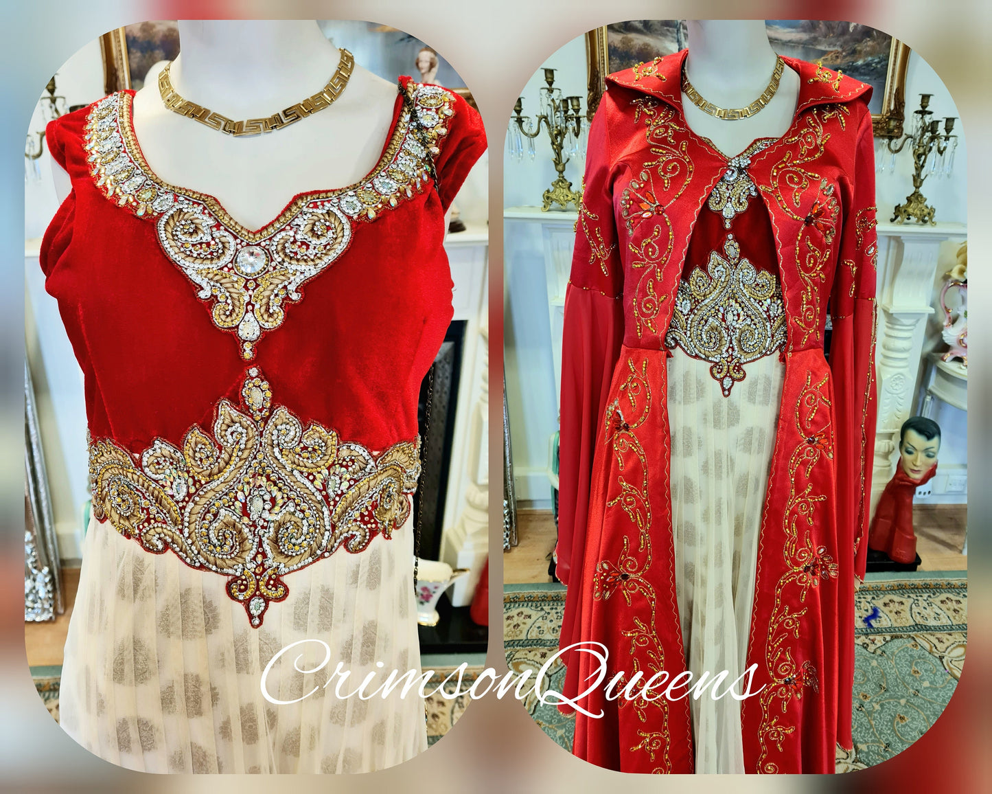 Bohemian romantic gypsy medieval  vintage scarlet red embellished beaded evening ballgown floor dress with matching long coat size UK 8 US 4