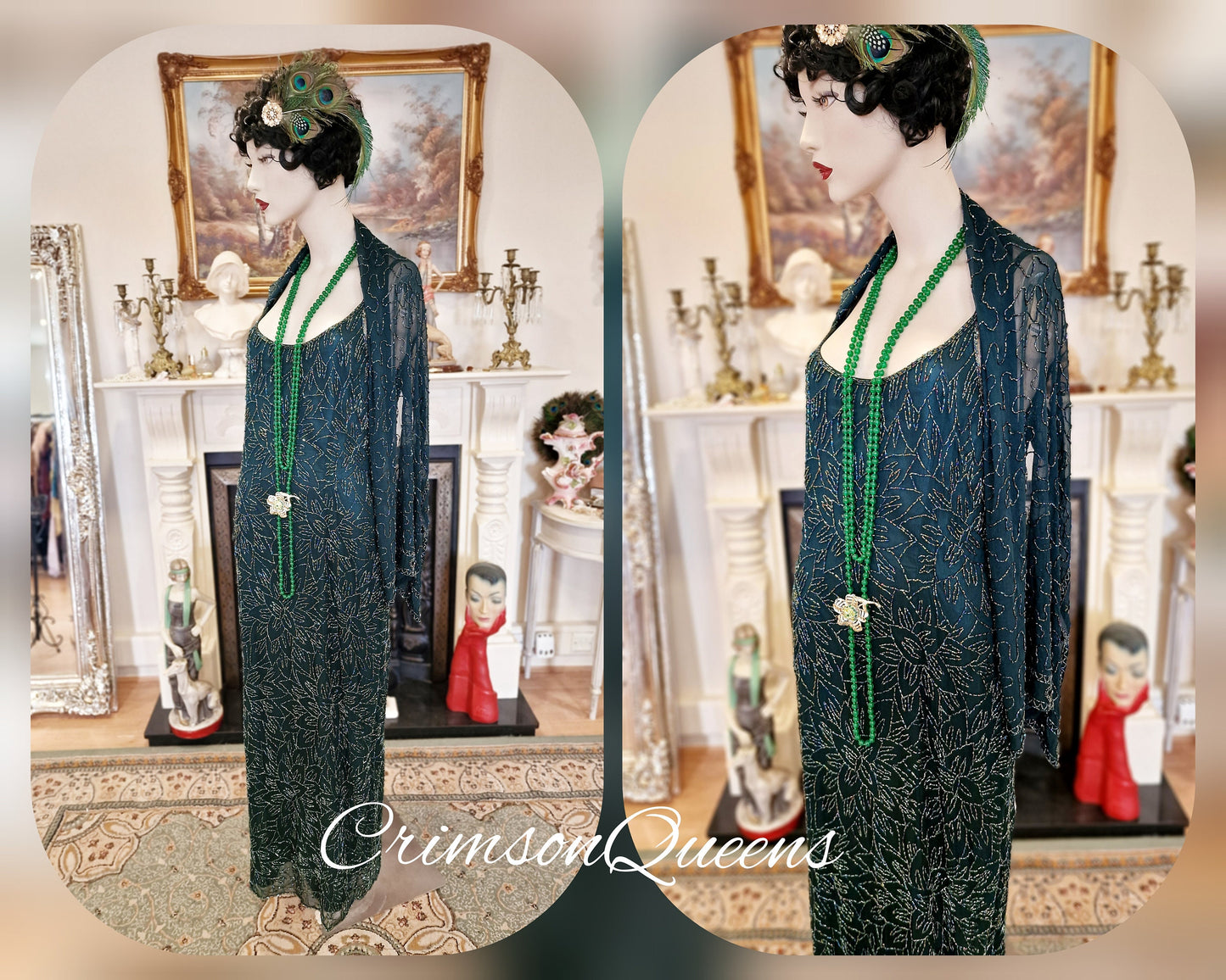 Art Deco all silk Downton Abbey flapper vintage beaded emerald green Marilyn Monroe evening style ensemble beaded shawl UK 14 US 10