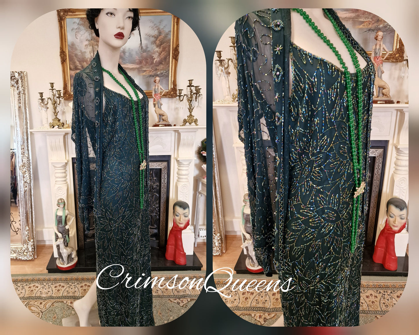Art Deco all silk Downton Abbey flapper vintage beaded emerald green Marilyn Monroe evening style ensemble beaded shawl UK 14 US 10