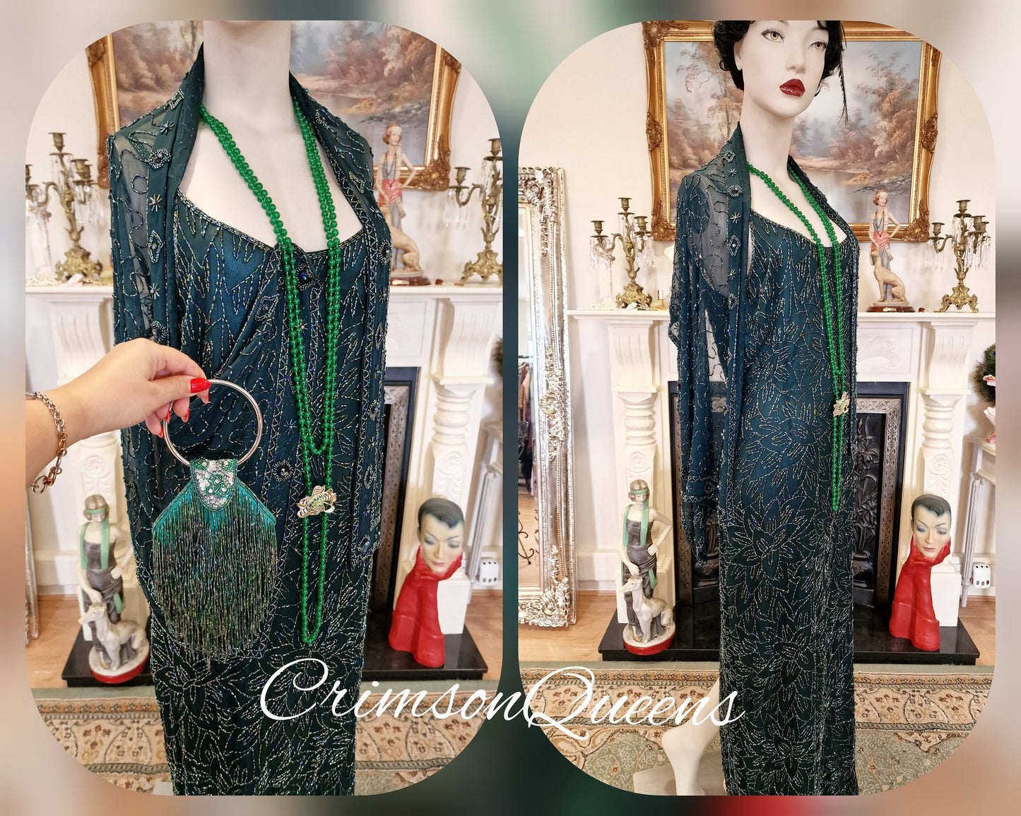 Art Deco all silk Downton Abbey flapper vintage beaded emerald green Marilyn Monroe evening style ensemble beaded shawl UK 14 US 10