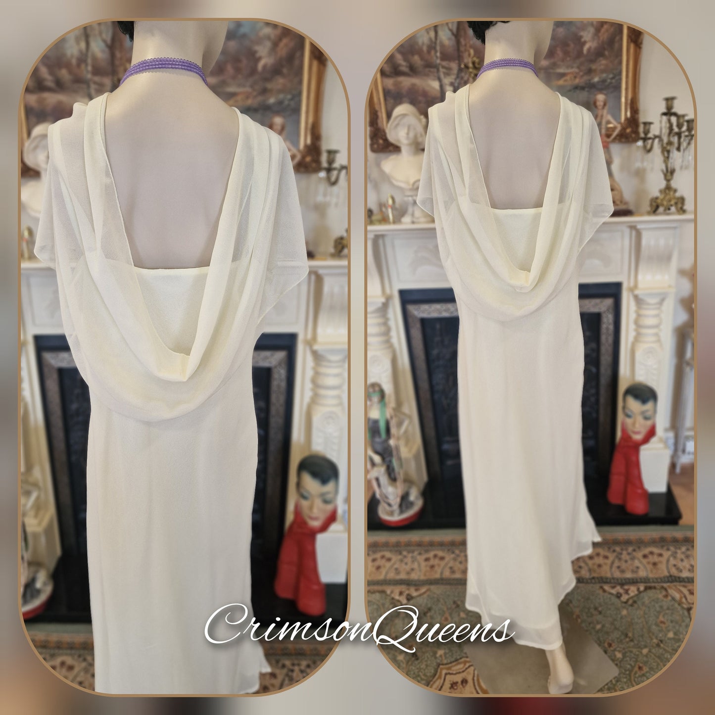 Vintage 1920s Titanic Downton Abbey Greeat Gatsby embroidered cream floral wedding cocktail garden dress with elegant shawl UK 14 US 10