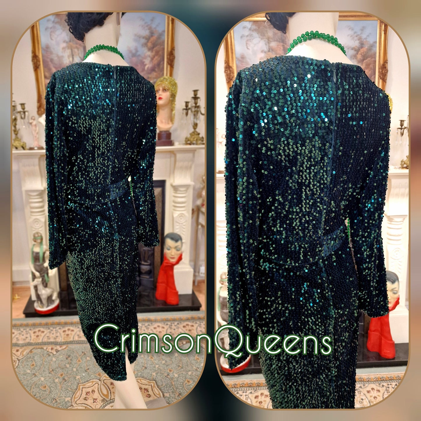 Vintage Bottle Green flapper Downton Abbey embellish bead 1920s sequinned charleston dress UK size 14US 10