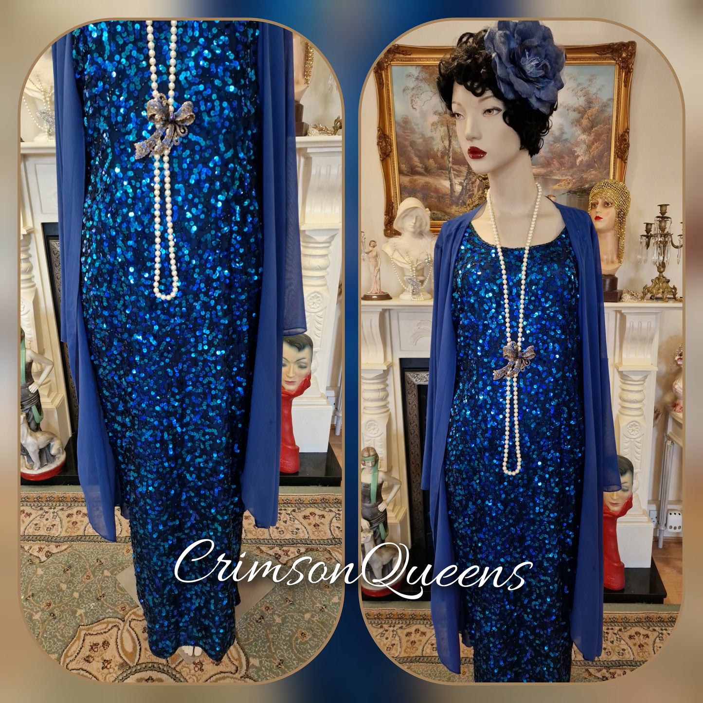 Art Deco silk vintage heavily sequinned electric blue with peacock shades undertones evening festive dress with coat size uk 12 14 US 8 10
