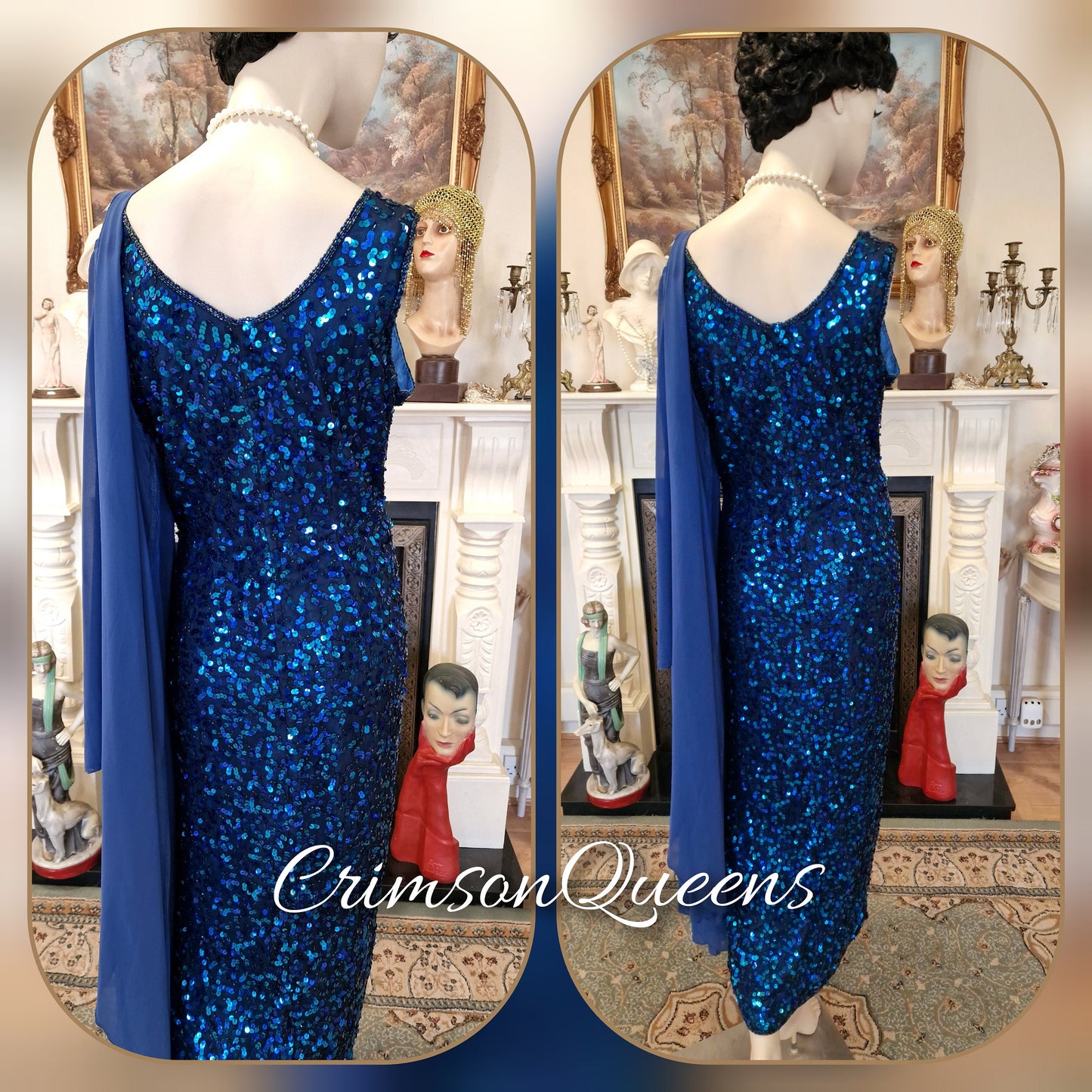 Art Deco silk vintage heavily sequinned electric blue with peacock shades undertones evening festive dress with coat size uk 12 14 US 8 10