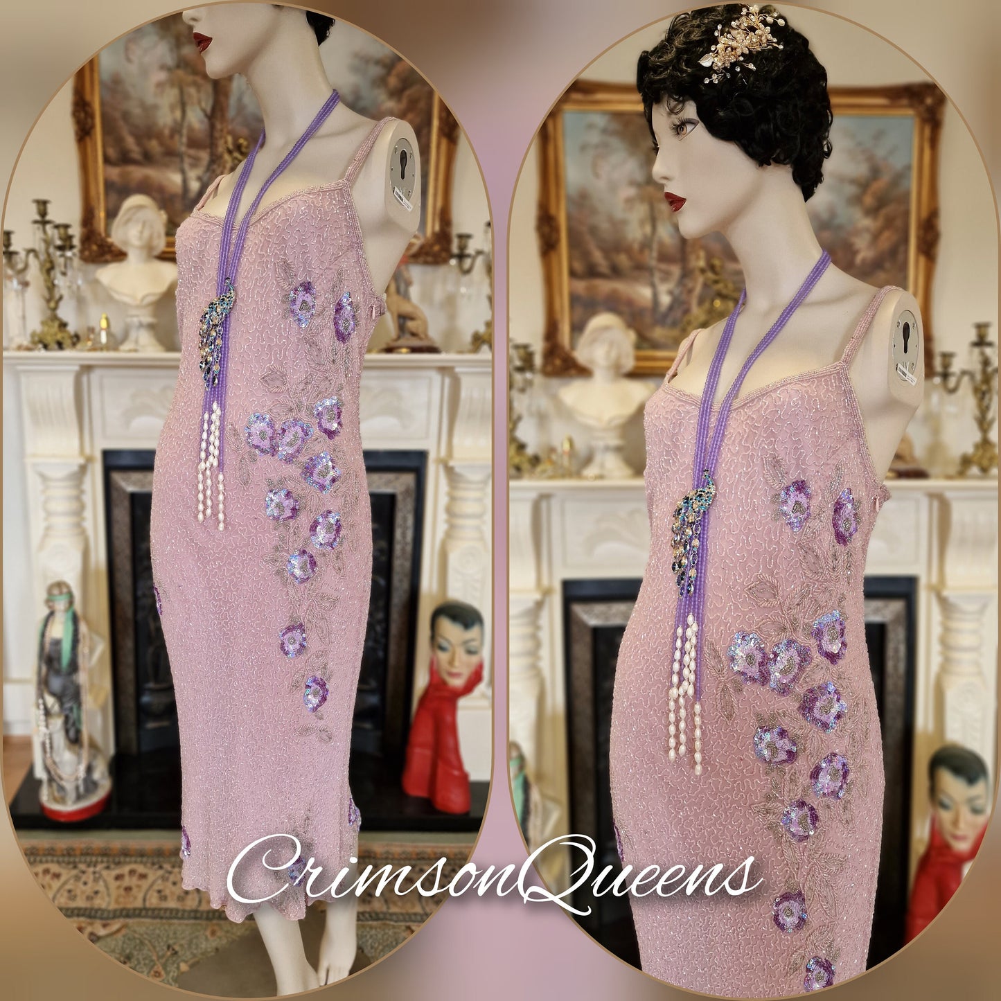 1920s dress Great Gatsby dress flapper gold purple pink dress tassel fringe beaded sequined dress Downton Abbey dress size UK 10 US 6