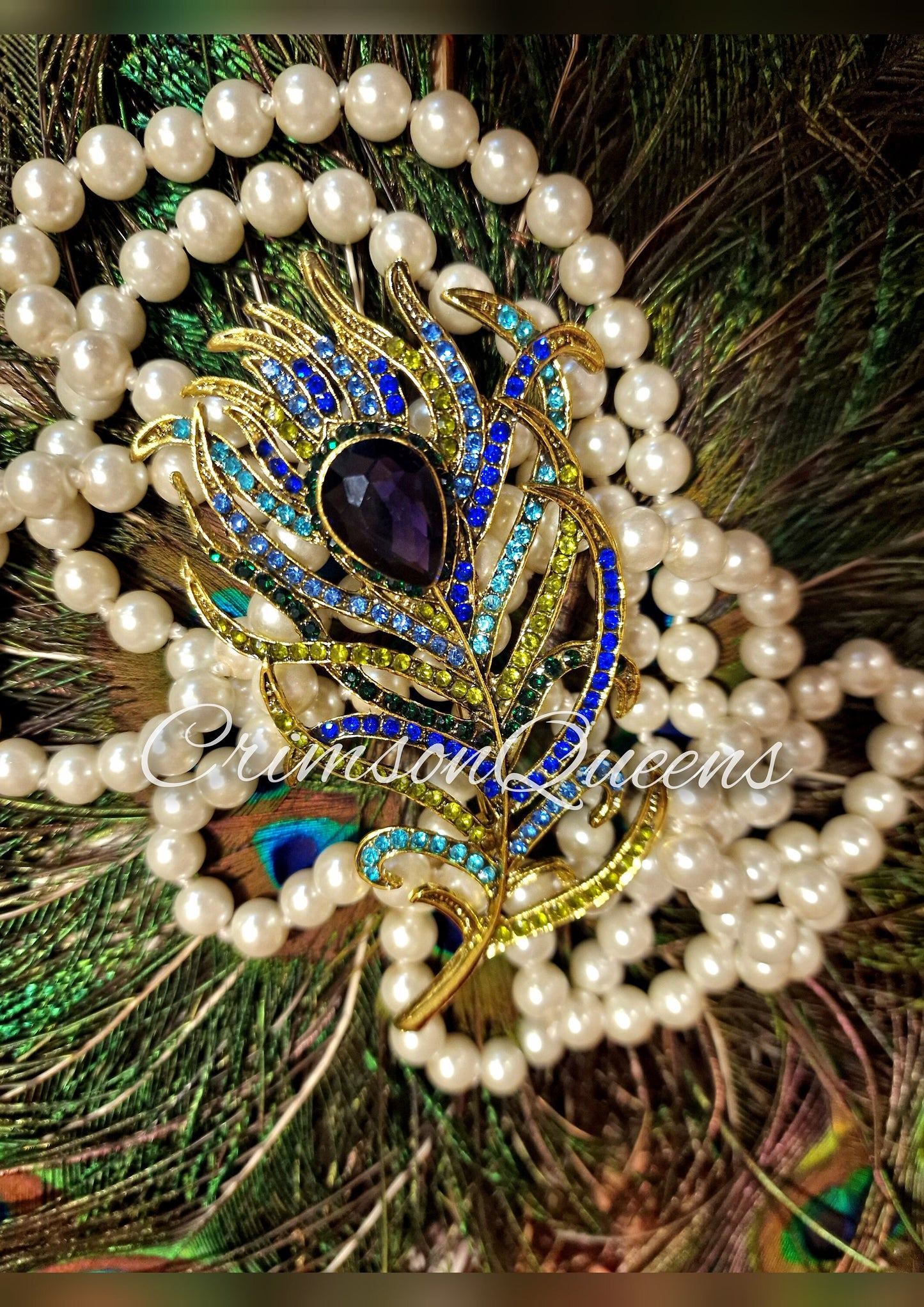 Vintage crystal Large Art Deco paste peacock feather leaf gold statement paste pin brooch