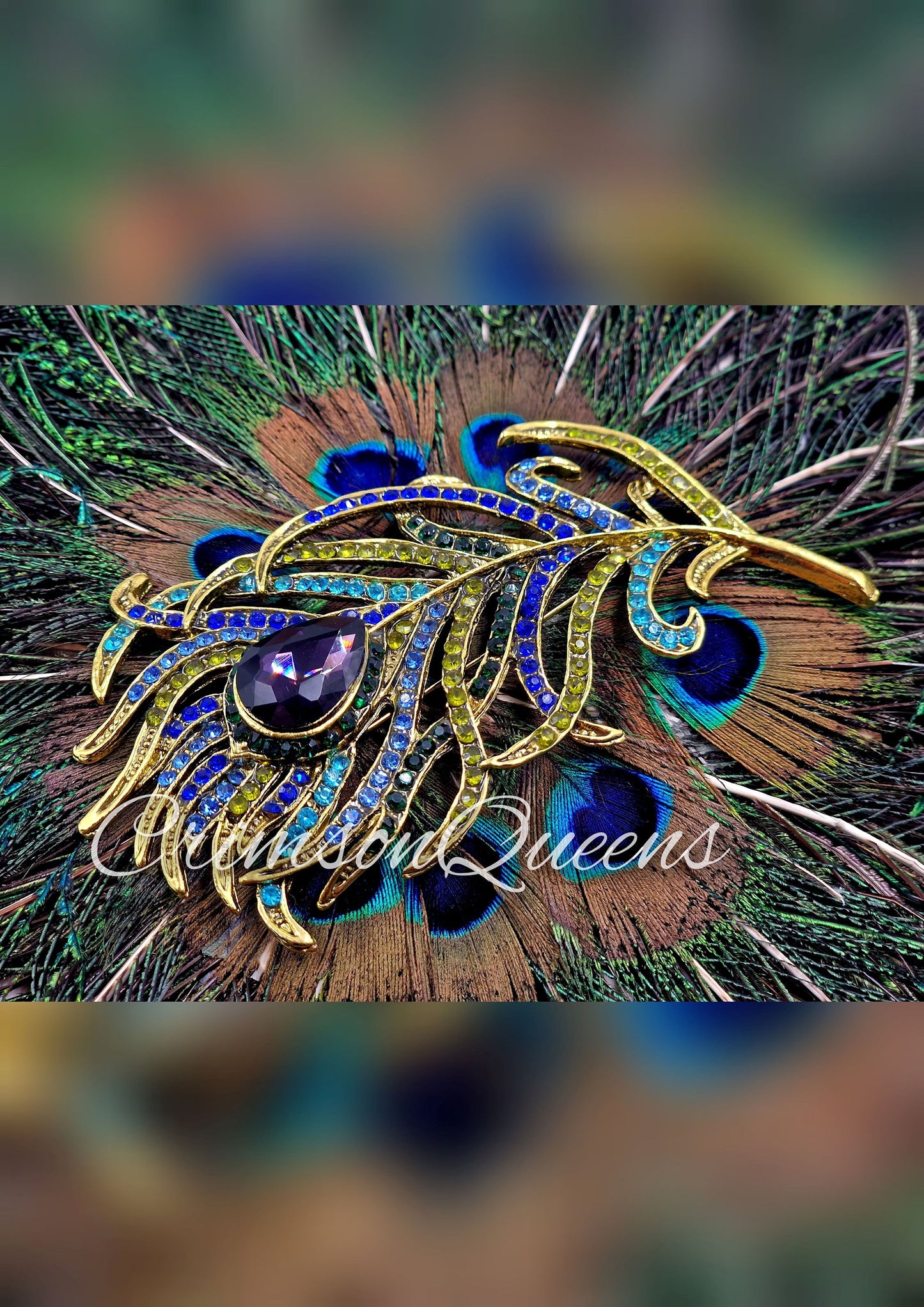 Vintage crystal Large Art Deco paste peacock feather leaf gold statement paste pin brooch