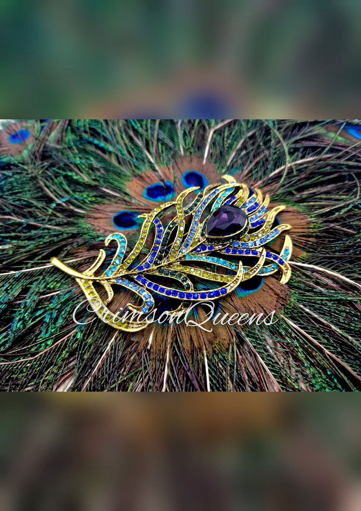 Vintage crystal Large Art Deco paste peacock feather leaf gold statement paste pin brooch