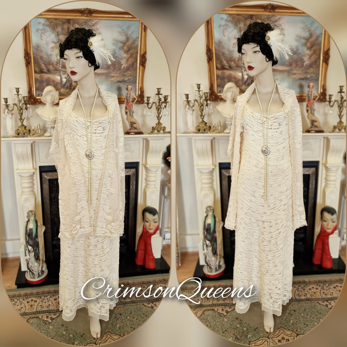 Art Deco vintage Downton Abbey 1920s bride cream wedding bridal all dress 1930s Great Gatsby charleston size UK 810 US 6