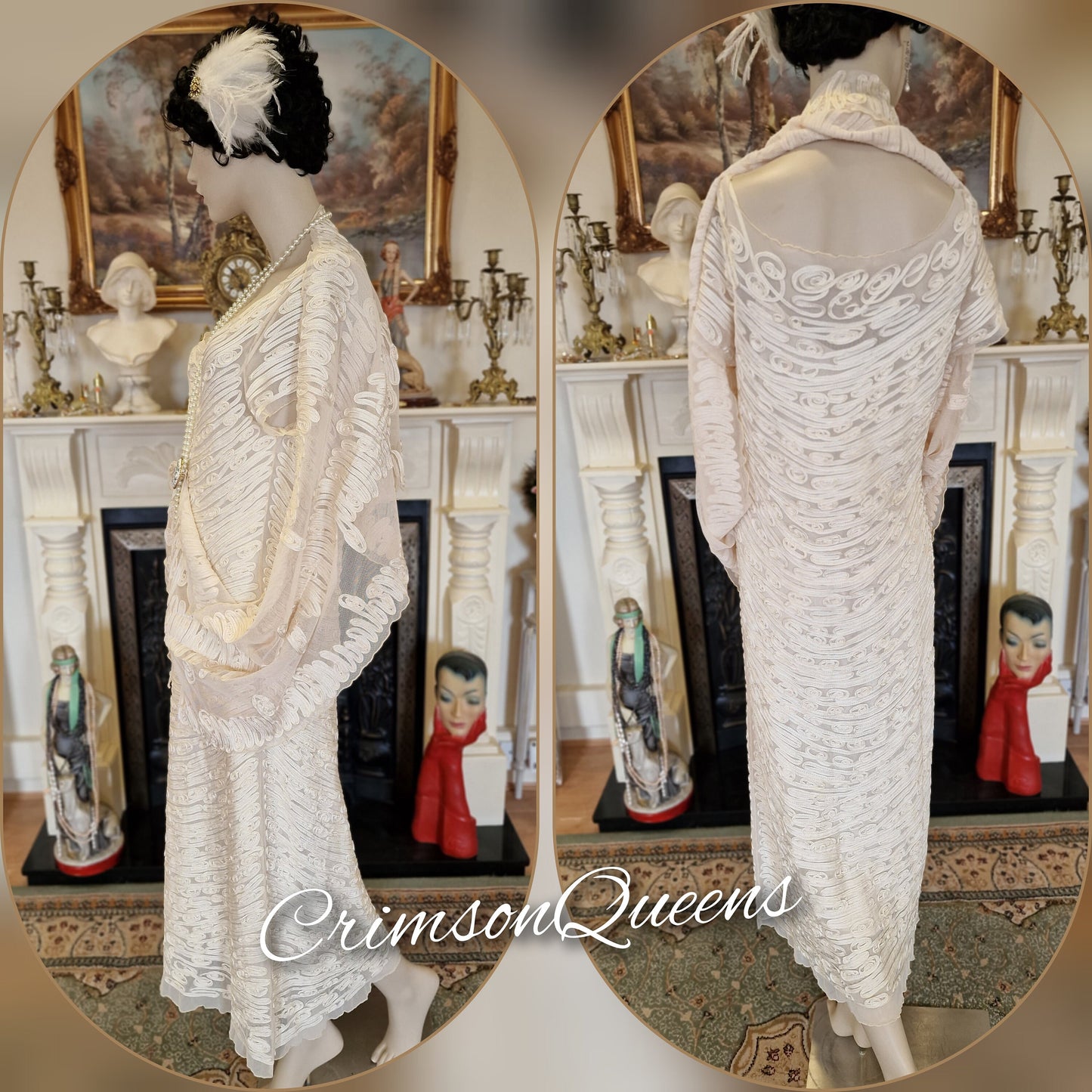 Art Deco vintage Downton Abbey 1920s bride cream wedding bridal all dress 1930s Great Gatsby charleston size UK 810 US 6